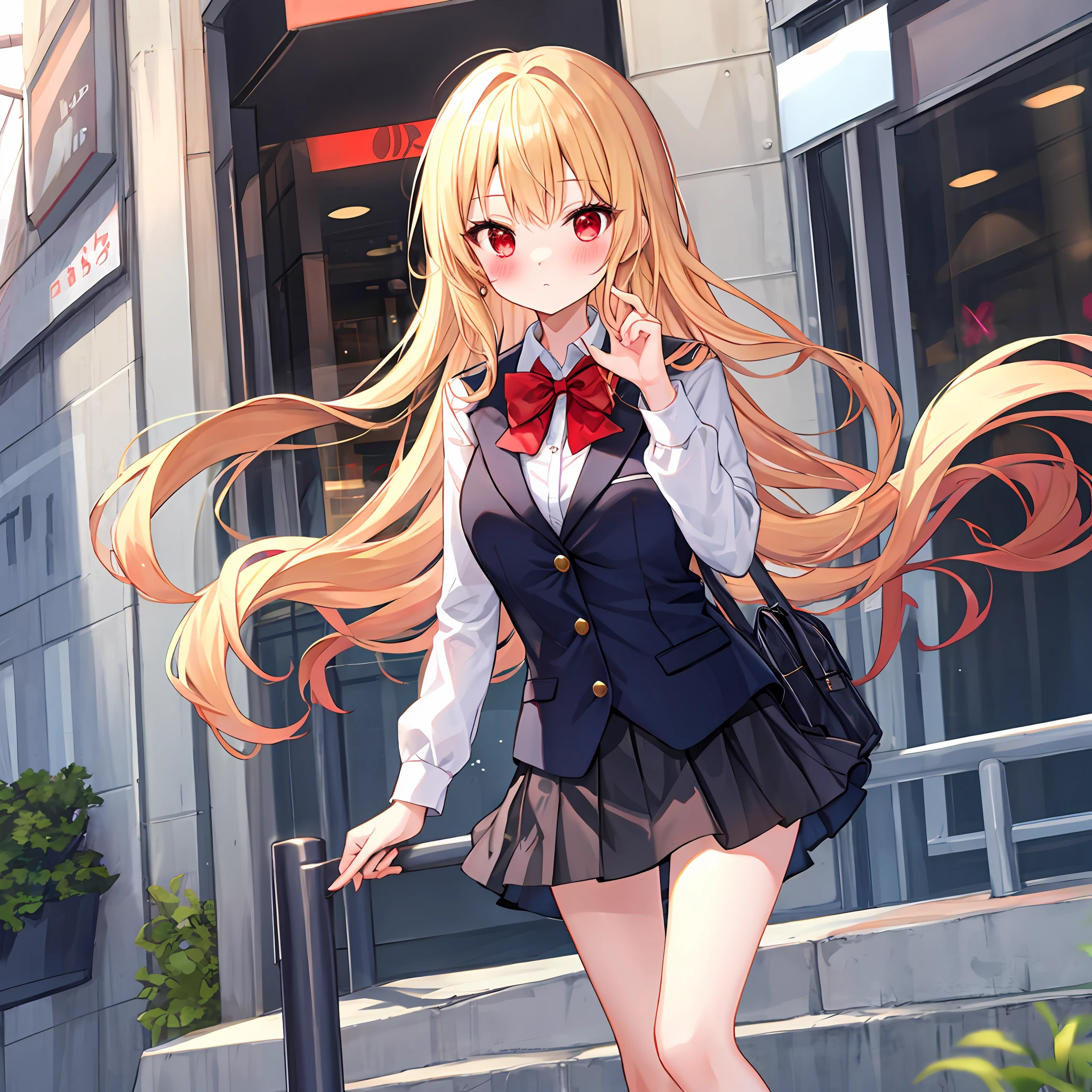 red blush、blonde hair、red eyes、Beautiful girl alone、Suit skirt、a miniskirt