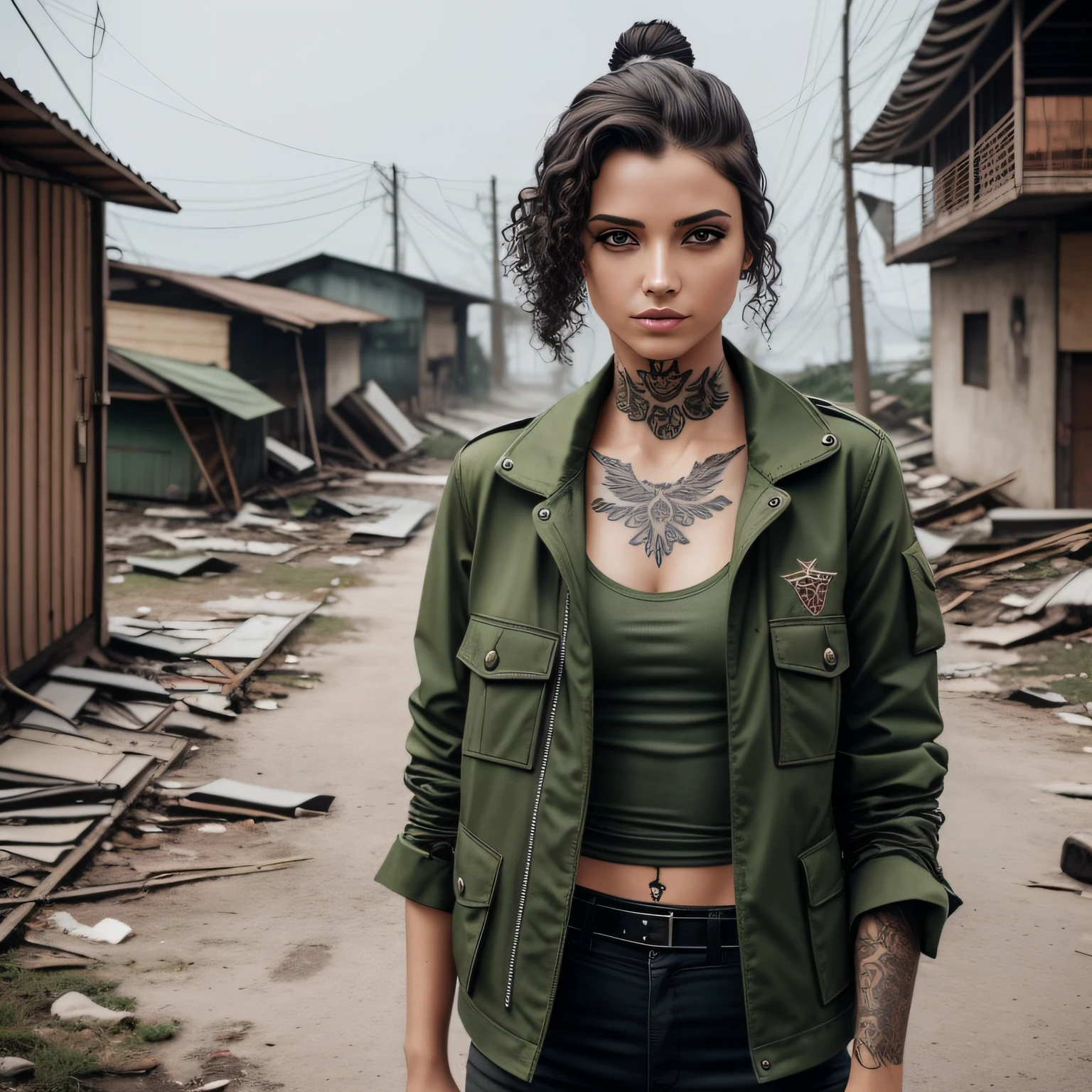 realista, Mulher branca com cabelo solto, cacheado, olhos verdes, have some visible tattoos on the body, veste roupas de frio, It's going to a post-apocalypse war, encara todos de longe com olhar destemido e corajoso.