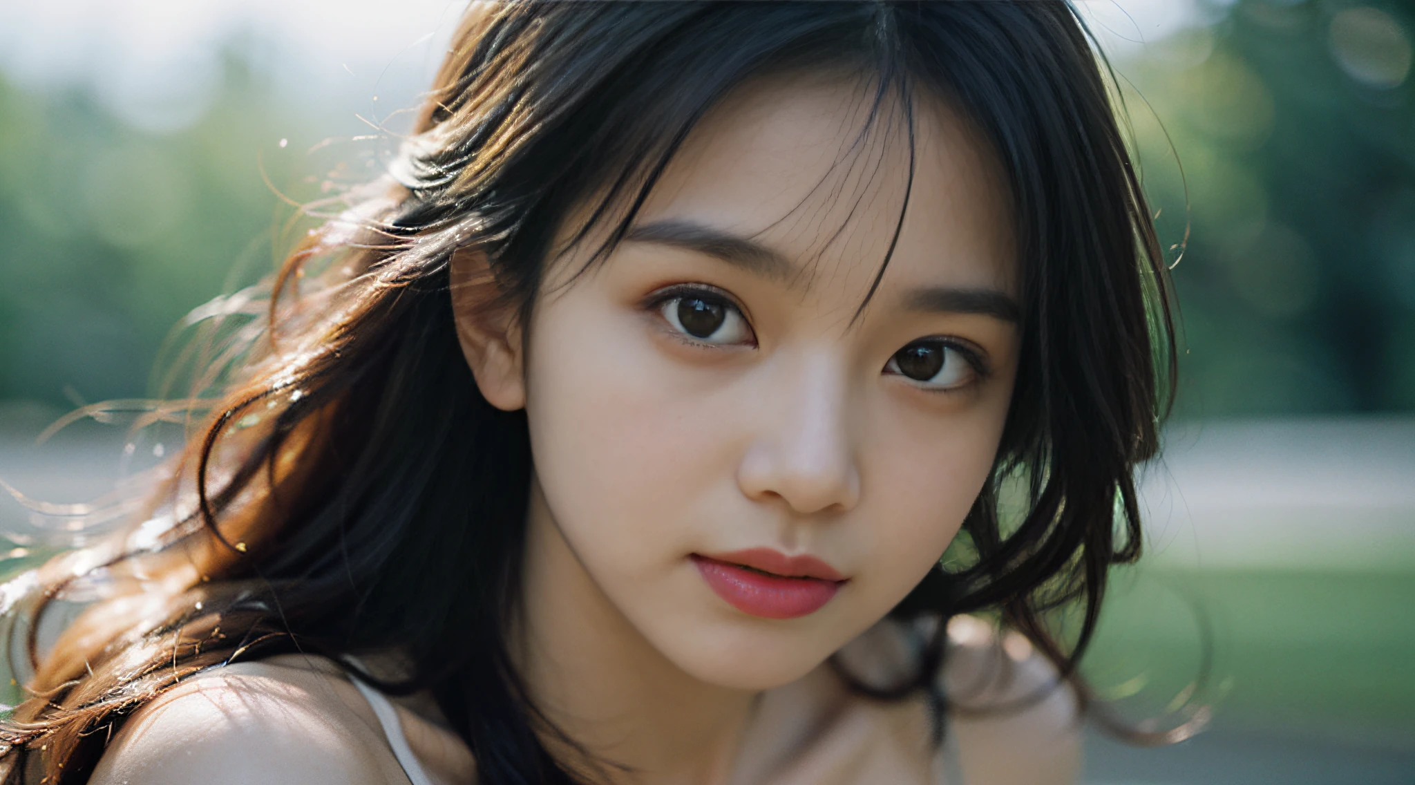 film portrait photography, 1girl, bare shoulders, wavy shoulder-length hair, serene, calm, (realistic detailed eyes, natural skin texture, realistic face details), soft dramatic lighting, depth of field, bokeh, vibrant details, finely detailed, hyperrealistic, 35mm film, hazy blur