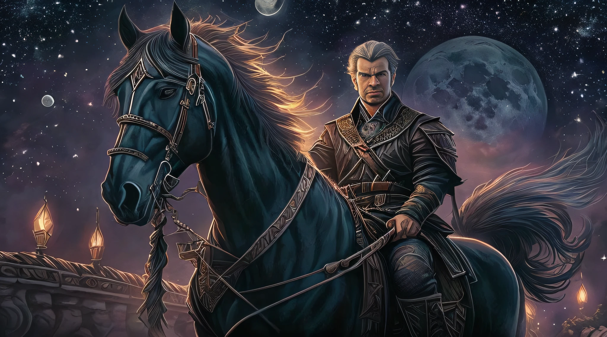 (mature man:1.3), solo, The_Chariot, dark chariot, man leads a chariot with black horses, magic, fantasy, moon and stars in the background, ((masterpiece)), (high quality), (best quality), (detailed), hd, perfect night lighting, detailed face, detailed body, (horridtarot)