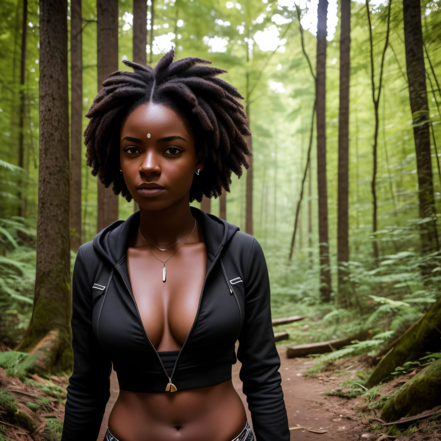 Realista, mulher negra com cabelo cacheado, olhos verdes, have some visible tattoos on the body, This in the forest where there is little vegetation, veste roupas de frio, It's going to a post-apocalypse war, encara todos de longe com olhar destemido e corajoso. --auto