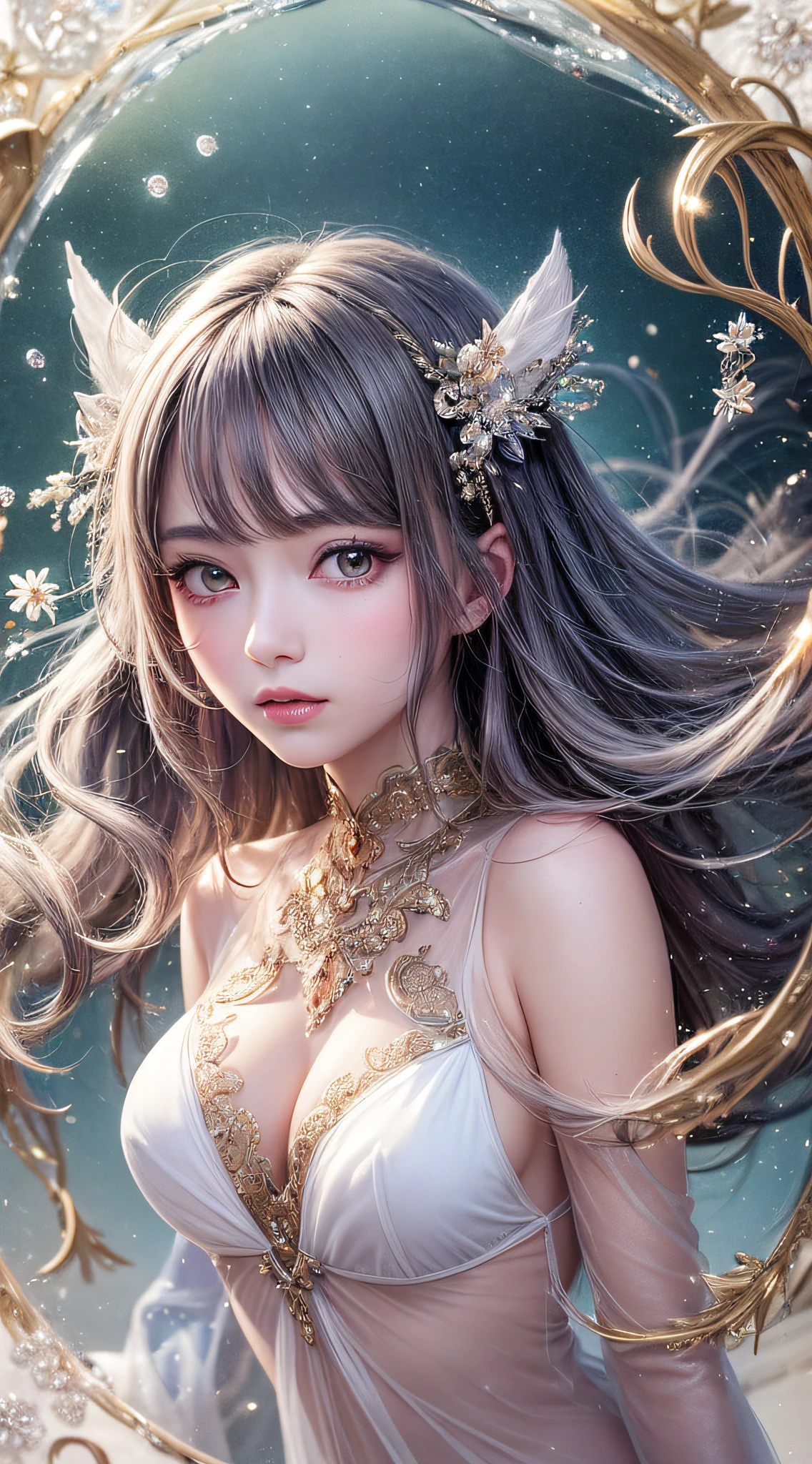 Beautiful girl story wrapped in love, Beautiful eye details, A captivating anime girl gracefully emerges from the pages of a watercolor painting, Her vivid and complex colors are, Bring your artwork to life, (see-through transparent clothes, Transparent costume:1.5), She wears a chest-opening fantasy costume decorated with delicate details,Fascinating worldview, Luminescent elements, Glowing crystals surround her like air, casting a soft, otherworldly glow,  The style of watercolor painting is、Imbues the image with a sense of fluidity and delicacy, as if the colors are effortlessly blending and bleeding into one another, Camera shot: medium shot, Soft Focus, luminescent glow　Lighting, watercolor brushstrokes, Sophisticated and very delicate anime illustration, unique colors, Portrait of an anime girl, Costume with open chest, Irridescent color,  beautiful girl illuminated by seven colors of light,