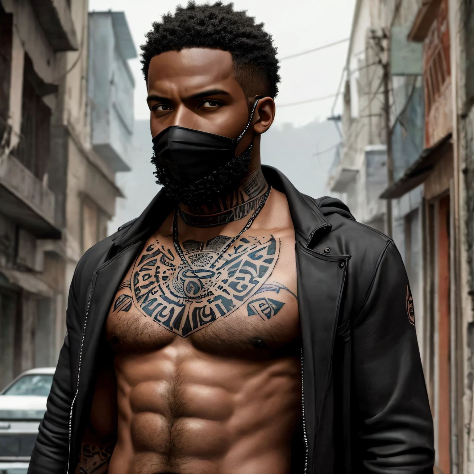 realista, Homem negro, have some visible tattoos on the body, veste roupas de frio, It's going to a post-apocalypse war, encara todos de longe com olhar destemido e corajoso. --auto