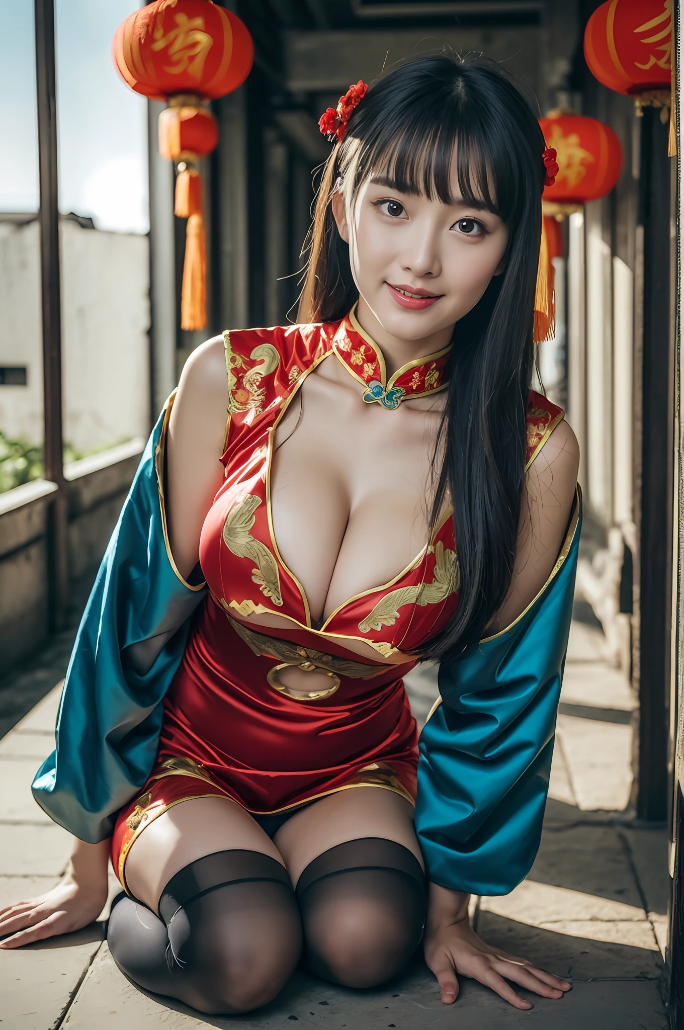 (((long Traditional Chinese costumes outfit comes off))),(((view full body))),(((Show cleavage))),(((bare inner thigh)))、(((show side breast))),(((detached sleeves))),(((over-kneehighs))),ulzzang-6500-v1.1, (Raw photo:1.2), (Photorealsitic:1.4), a beautiful detailed girl, extremely detailed eye and face, beautiful detailed eyes, ultra-detailed, High resolution, top-quality, masterpiece, ighly detailed, 8k wallpaper, magnifica, finely detail, top-quality, Light on the face,电影灯光,1girl in,(Kowloon City),Beautiful eyes,a smile,Opening Mouth,(((pants wedged between buttocks))),Lace-rimmed panties