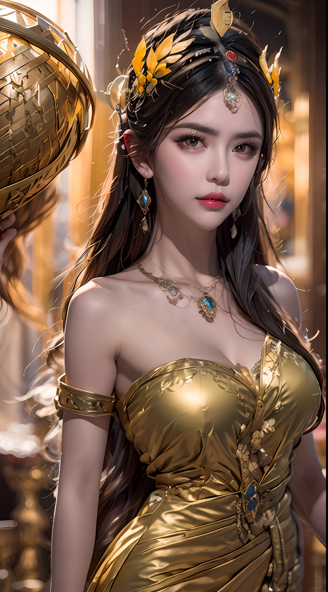 1 20 year old girl, 1 goddess Athena, goddess Athena, beautiful goddess Athena's face without blemishes, sexy thin multicolored nightgown, sexy long black lace women's nightgown, goddess legend, beautiful goddess style glitter, dark and mysterious version, holy woman crown, vermilion lips, thin lips, bright white teeth, no smile, intricate details, no wrinkled skin, extremely smooth skin, 1.9 ), holy body, super tight and round big breasts, phoenix brooch, long bangs, (hair 7 rainbow colors: 1.9), beautiful face with well-proportioned and detailed eyes, (transparent yellow eyes: 1.8), makeup: very beautiful and detailed eyes, hanfu photo, best photo, high resolution, best quality, female art quality, best portrait, best surrealism, best color combination, best makeup strength, pretty face, upper body, tyndall effect, real photo, dark studio, border light, two-tone light, (pinky white skin: 1.4), (high skin detail: 1.1), 8k uhd, dslr , soft light, super bright, light quality, high resolution, sound quality , Smooth and sharp, pixel increase: 10x galaxy, goddess goddess : 1.7), aurora, lightning, (Aurora Background: 1.8), best eyes, real life beautiful eyes, beautiful saint and flowers,