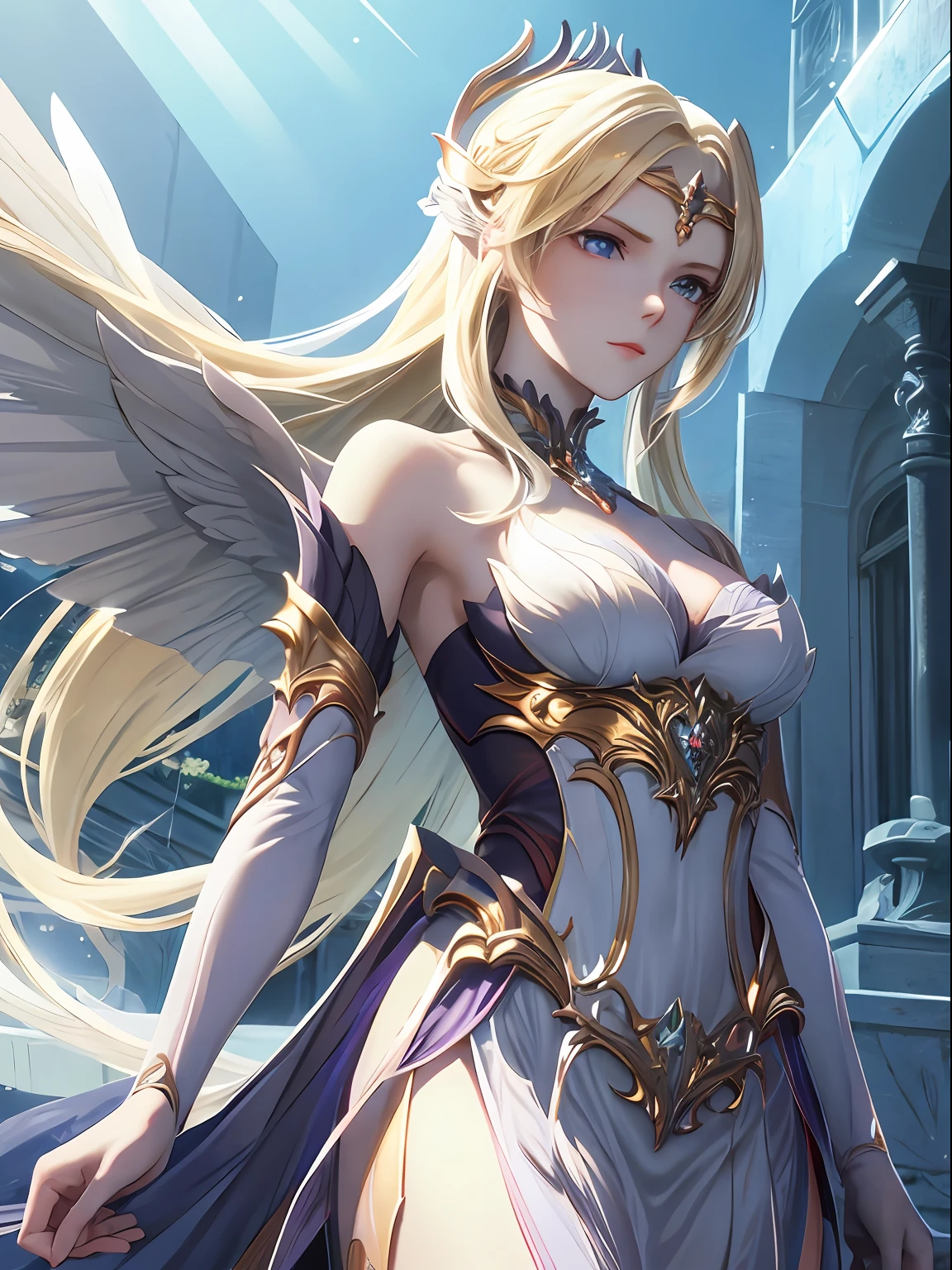 meticuloso、Wonderful、Perfect CG unity 8k wallpaper,High-quality depiction、The colors are pure and elegant,Exceptionally beautiful,Royal Sister,delicated、Dynamic Angle,moisty、Water droplets, Water mist、rays of moonlight、Colorful light,Highlight yellow hair、Fair-skinned angel goddess Senyuki,the angel's wings,Empty palace,eventide