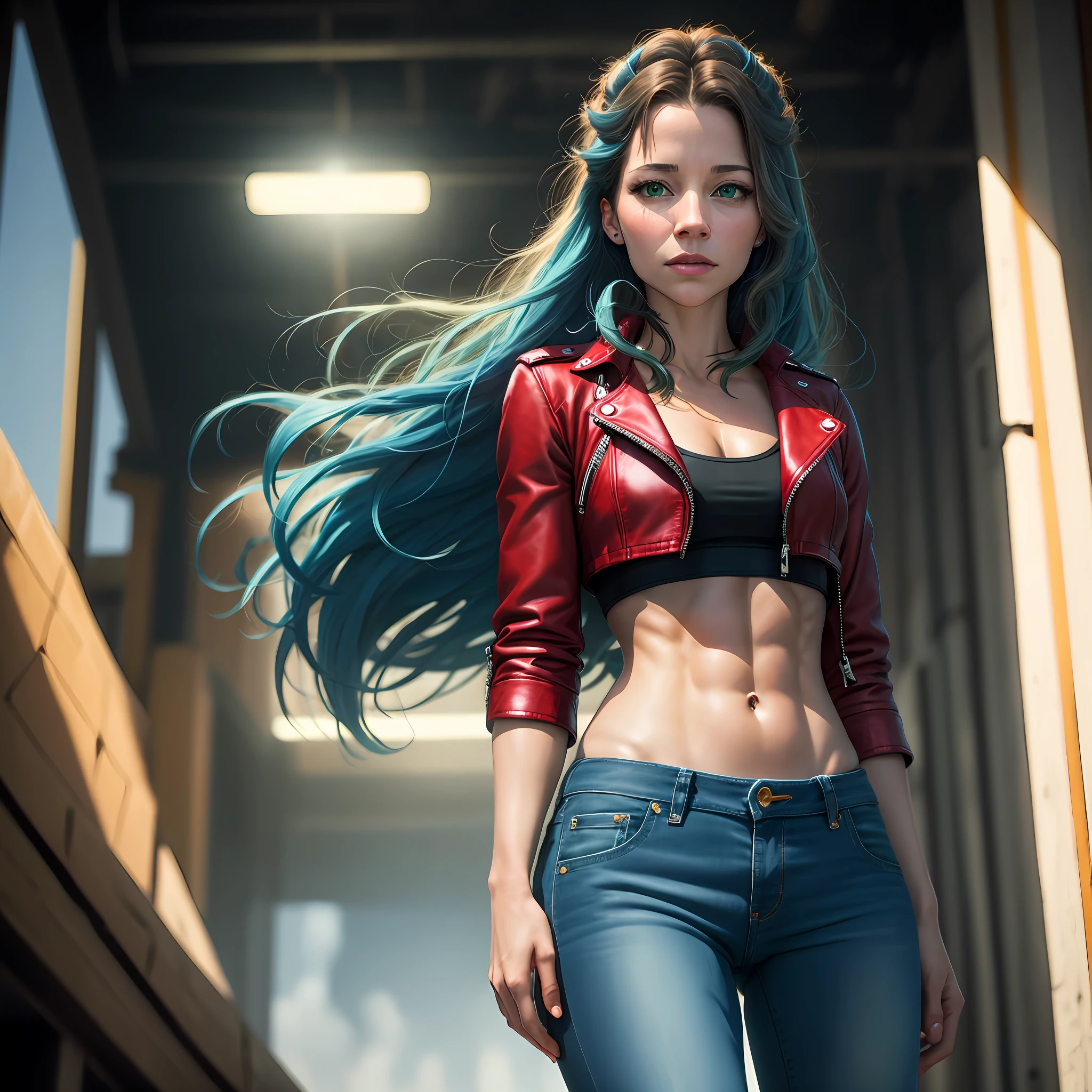 (Alicia Vikander:Evangeline Lilly), green light, glowing eyes, pov below, wind,, masterpiece, best quality, 1girl, cool, serious, medium breasts, long hair, blue hair, red leather jacket, crop top, tight jeans, green eyes, abs