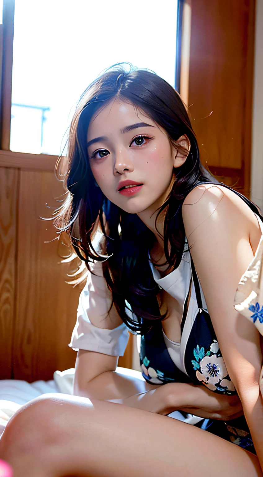 best qualtiy、​masterpiece、photoRealstic、intricate-detail、Raw foto、Photon Rendering、Octane Rendering、absurderes、ultra-detailliert、A detailed face、Detailed skin、Trending in art stations、8K Masterpiece、lighting like a movie、( (1girl in))、((独奏) ))、CG Social Trends、Plastic En、((Black Long Hair))、((Beautuful Women))、(A smile)、Upper teeth、Fashionable、Hair that flutters in the wind、((Flowing hair))、fashion magazine、((A sexy))、((lighting like a movie)、((indirect lighting)、、(ssex)、Grinning、(View from a distance)、((Festival of Japan))、Hair is up、Lying in bed、Expose、an legs、