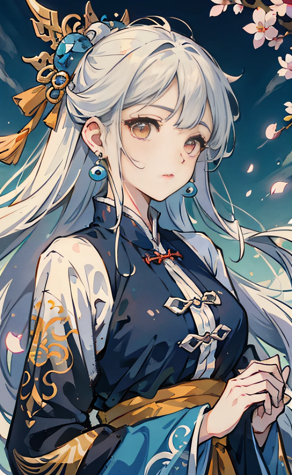 Mature girl, orange eyes, blue-white hair color, floating hair, delicate and flexible eyes, intricate damask hanfu, gorgeous accessories, wearing pearl earrings, fov, f/1.8, masterpiece, ancient Chinese architecture, blue sky, flower petals flying, front portrait shot, Chang'e, side lighting, sunlight on people, 8K