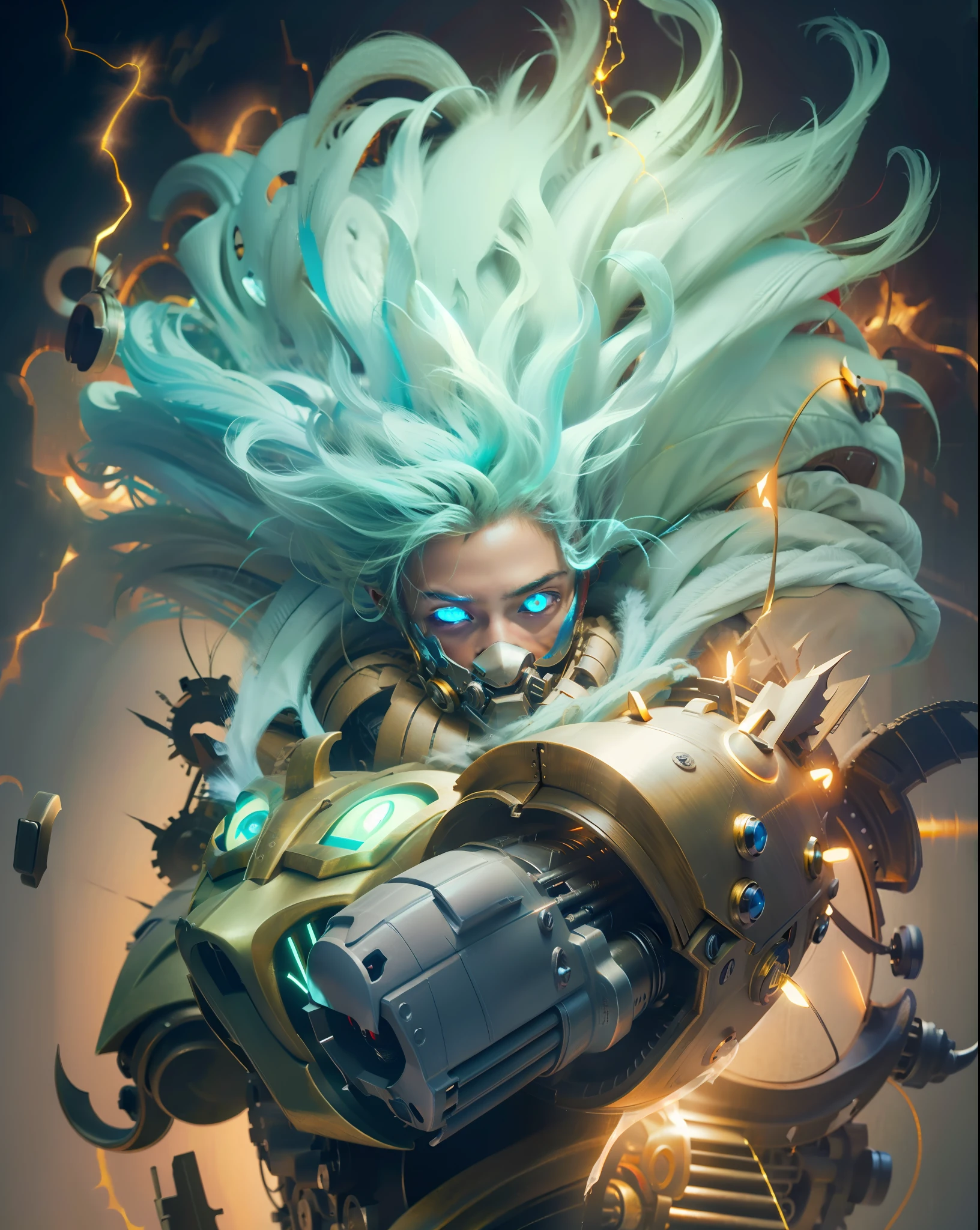 With a mechanical mask on his face，The eyes glow blue
