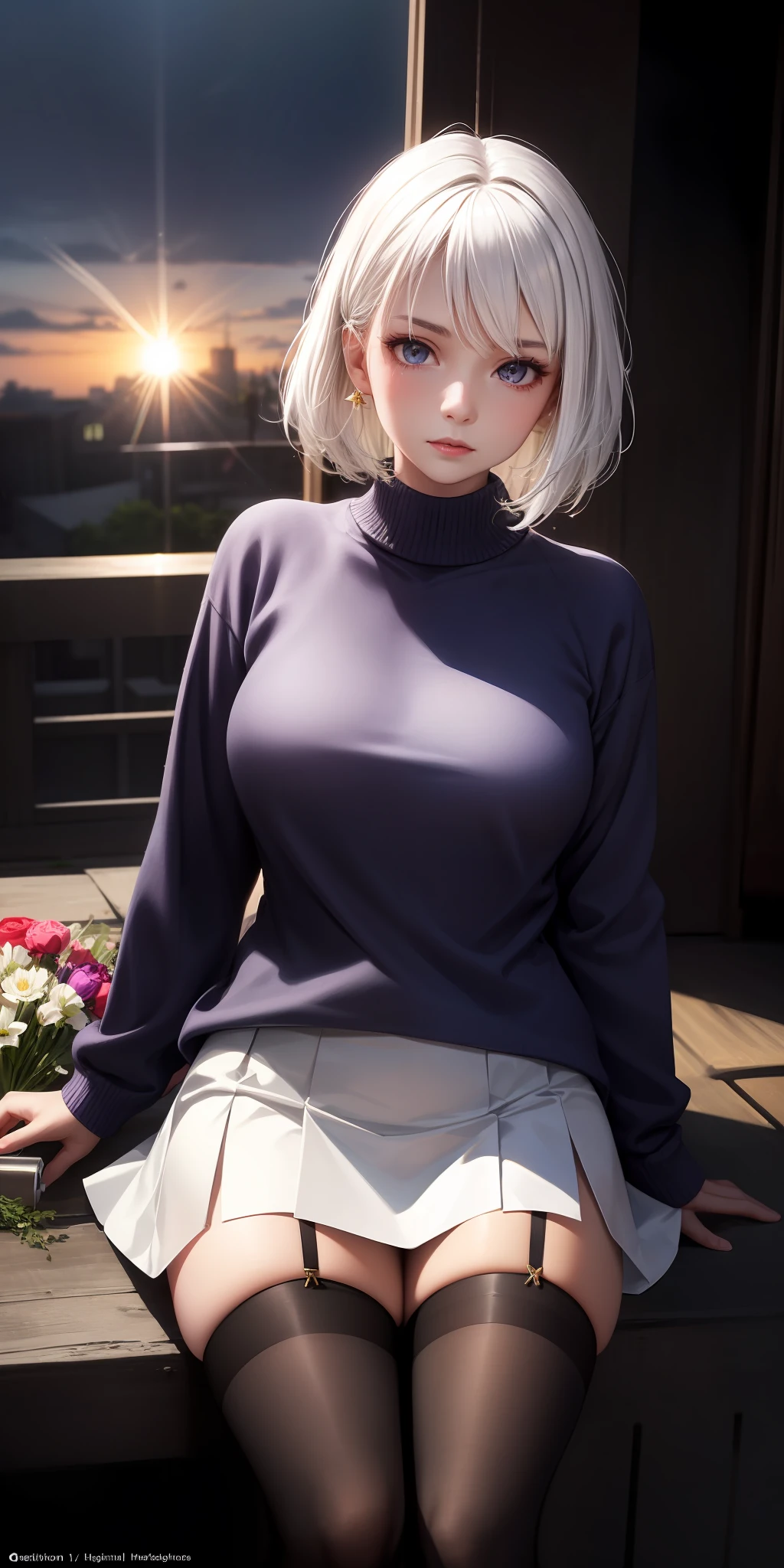 realisticlying,1girl,White hair,Purple eye,glowing light eyes,Cut a white sweater,a skirt,black lence stockings,parted lip,Be red in the face,the night,fresh flowers,suns,rays of sunshine,