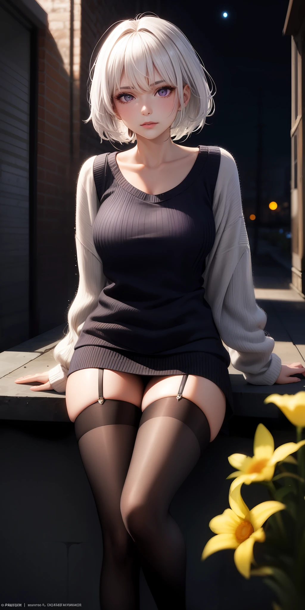 realisticlying,1girl,White hair,Purple eye,glowing light eyes,Cut a white sweater,a skirt,black lence stockings,parted lip,Be red in the face,the night,fresh flowers,suns,rays of sunshine,