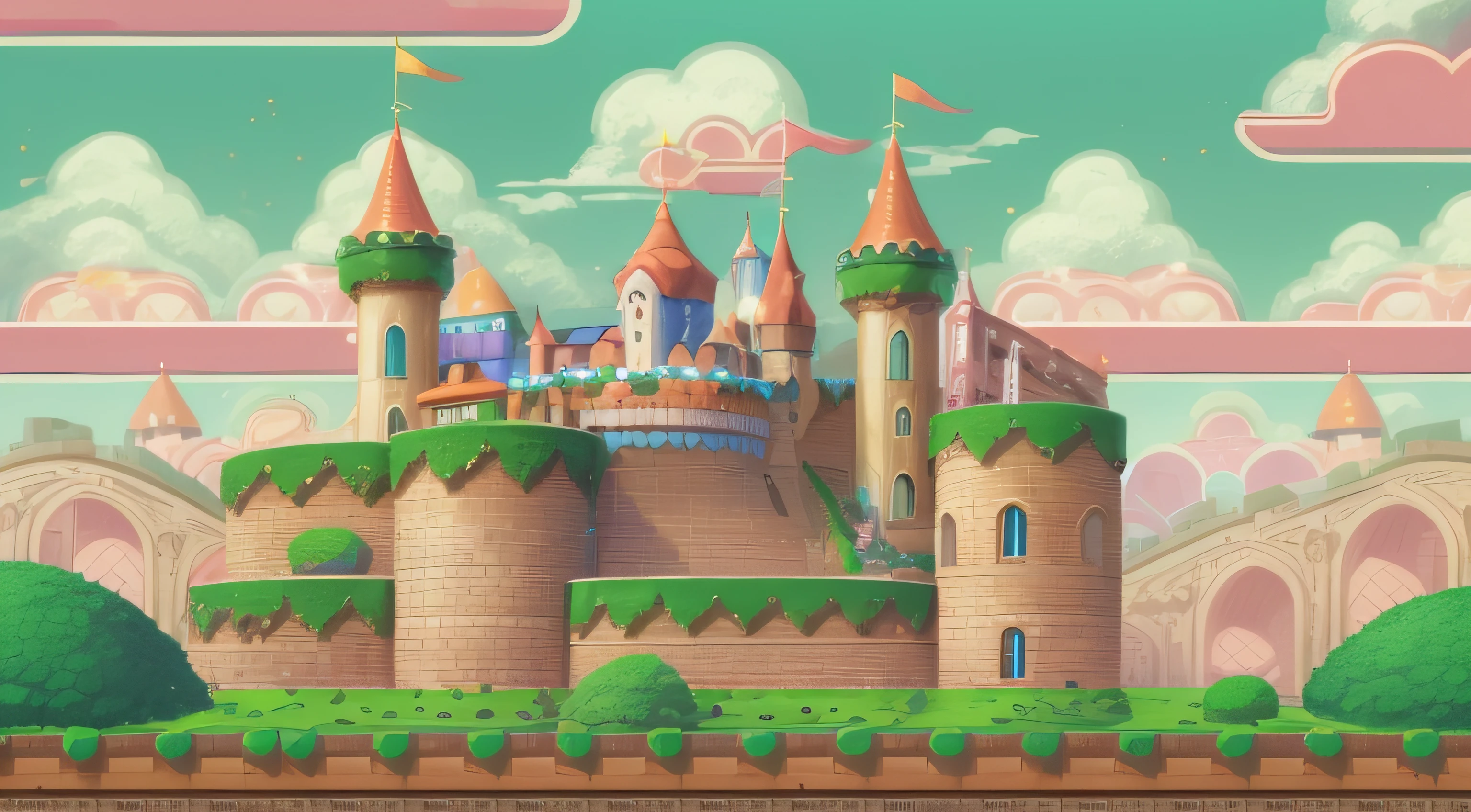 "Background with the scenery from the Super Mario game, featuring Princess Peach's castle in the background."