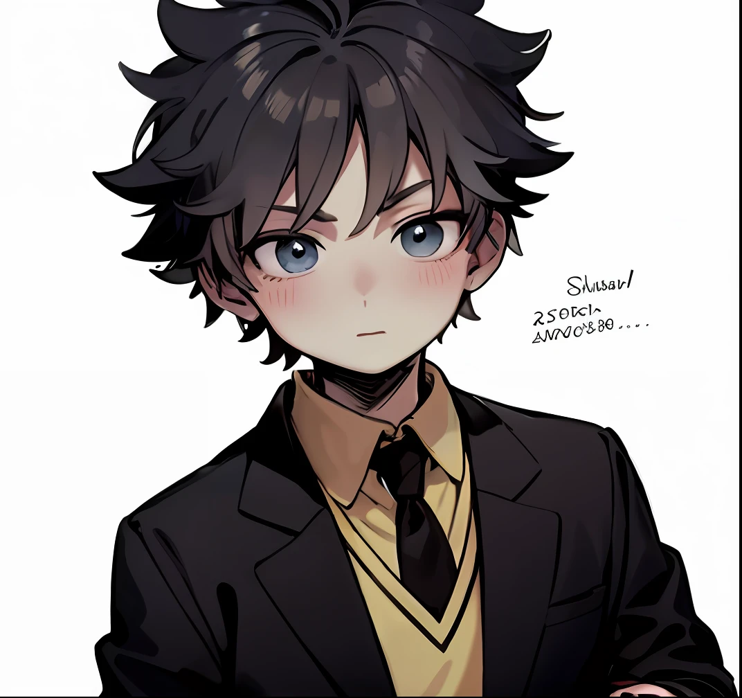 A cartoon boy in a yellow shirt and black tie, boy with neutral face, Anime boy, with a confident expression, anime figure, young anime man, kaworu nagisa, he has dark grey hairs, male anime character, boy thin face, Detailed anime soft face, anime style character, in an anime style, killua zoldyck