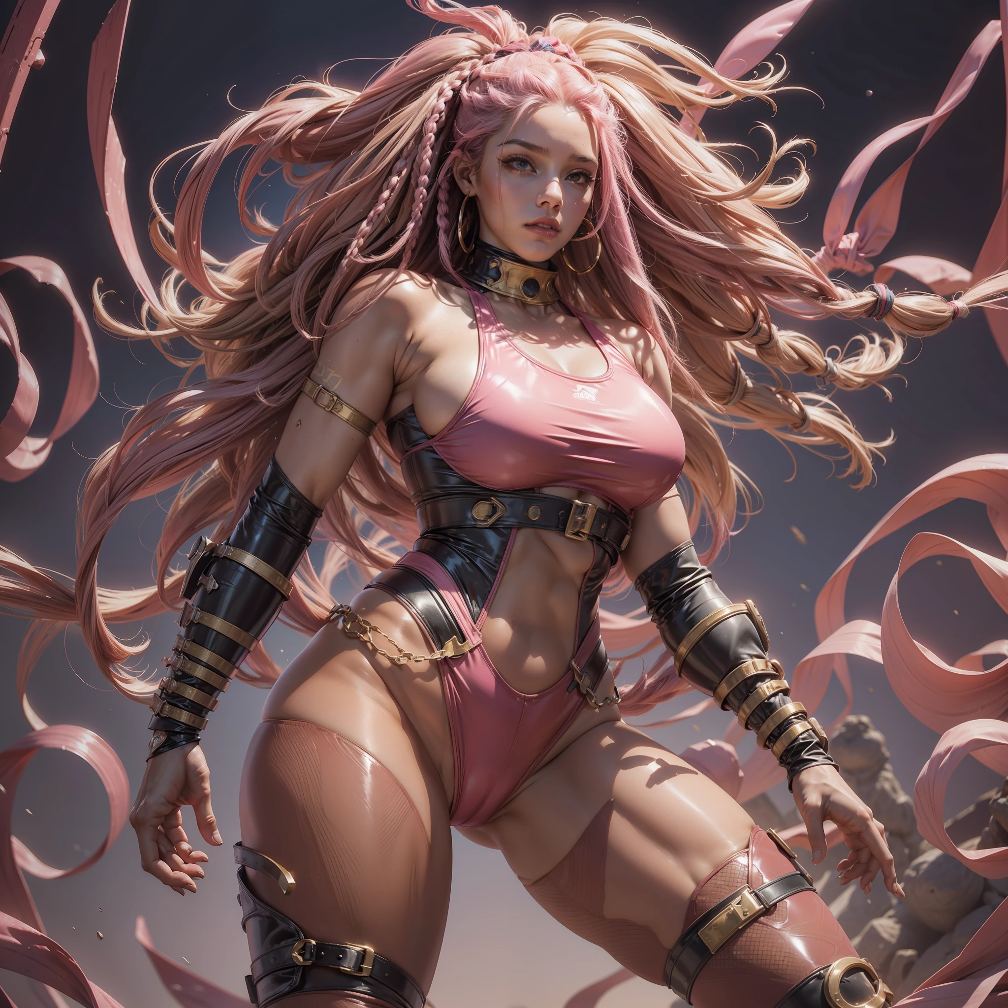(perfect anatomy), (sports body), (big breastes), (thick-thighs), (perfect arms), (latex suit ), Pointed bracelets, looking a viewer, (Medium full-frame photography), (Background of the battle arena), (pink dreadlocks)