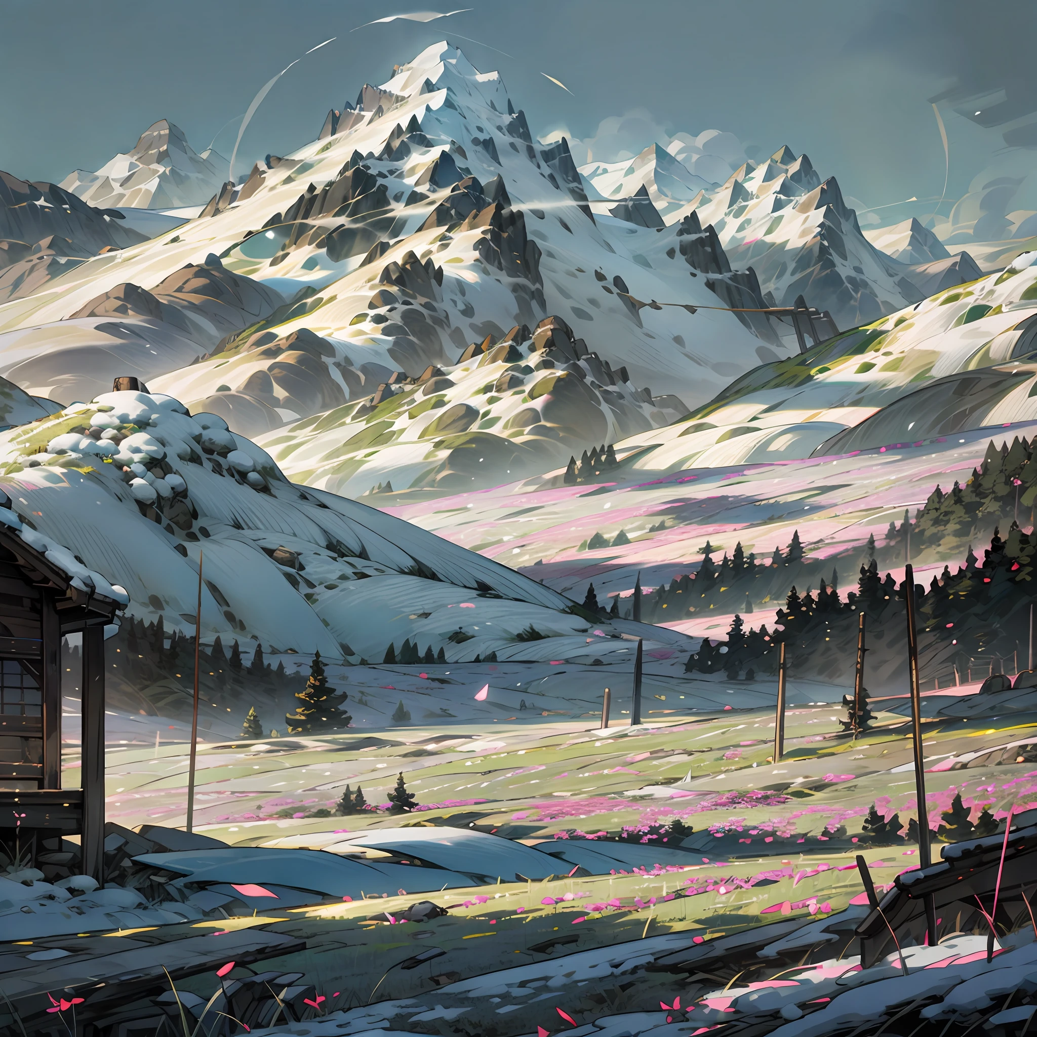 scenery: Snowy mountain grassland，Extreme light and shadow，Impeccable，tmasterpiece，4K，illustration