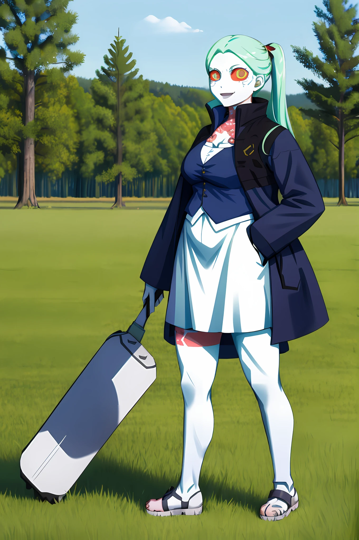 masterpiece, best quality, highres, 1girl, rebeccasolo, long hair, mechanical eye, colored sclera, red sclera, colored skin, white skin, leg tattoo, neck tattoo, green hair, long hair,  fang, red pupils, skin fang, red eyes, black jacket, standing, cowboy shot, from side, field,huge breast, , mature female, long skirt, vest, coat, victorian clothing,forest, walking, smile, flip flops, full body, russia, medieval