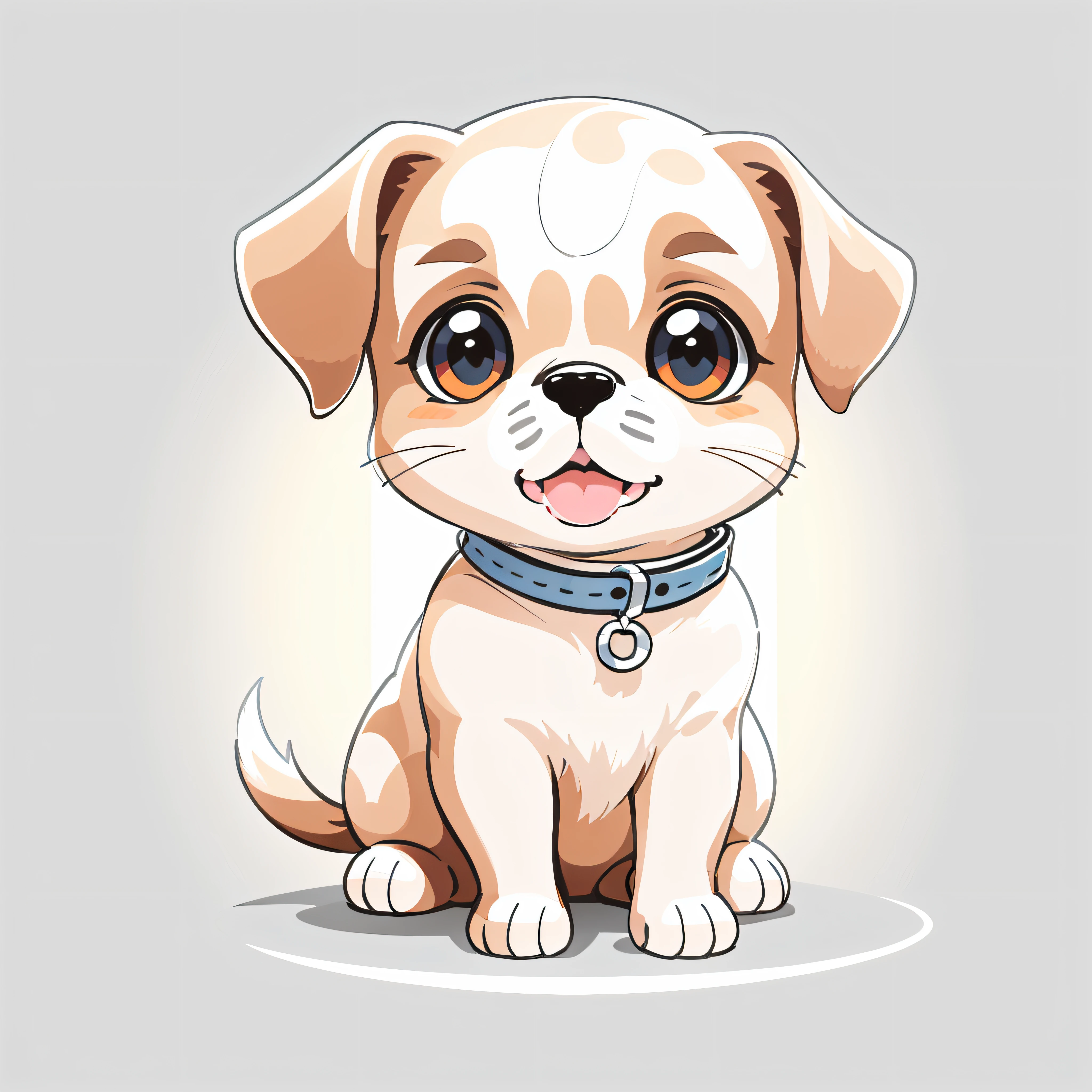 Adorable baby dog, immaculate white background.Cartoon Style, Flat Illustration Design.With soft lines and simple, rounded contours.The eyes are simple and large, possibly with dark pupils,and the mouth is represented by a simple curved line.Chibi size.Sweet and bright colors.Details are often simplified or omitted, emphasizing the cuteness of the overall form.