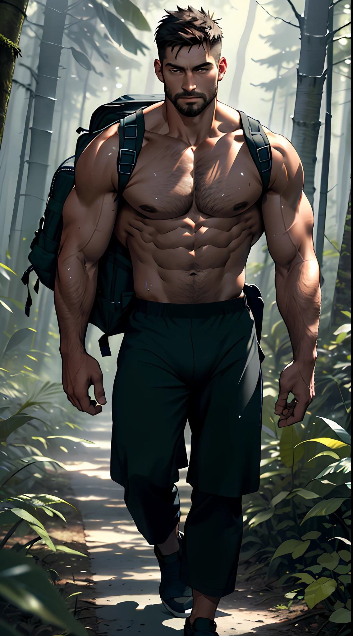 Best quality, masterpiece, expressionless,ultra high res,detailed background,realistic,1man,solo,male,muscular,mature male,young man, energetic, short hair, facial hair, real shadow and light, depth of field, a naked soilder walking in the forest, tropical forest, topless, hot, sweating, soilder, black backpack, full body, wearing only underwear, no shirt, no pants