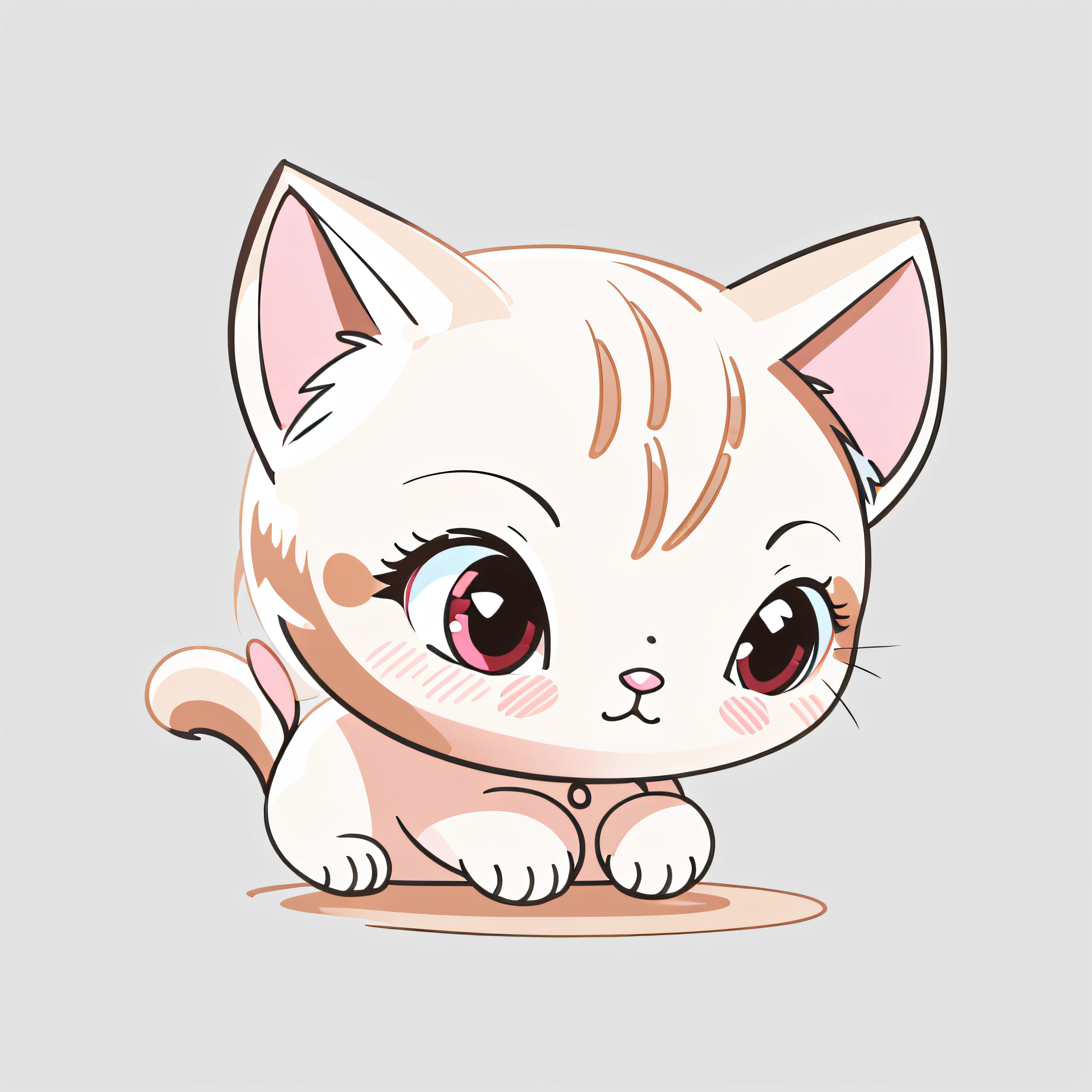 Adorable baby cat, immaculate white background.Cartoon Style, Flat Illustration Design.With soft lines and simple, rounded contours.The eyes are simple and large, possibly with dark pupils,and the mouth is represented by a simple curved line.Chibi size.Sweet and bright colors.Details are often simplified or omitted, emphasizing the cuteness of the overall form.