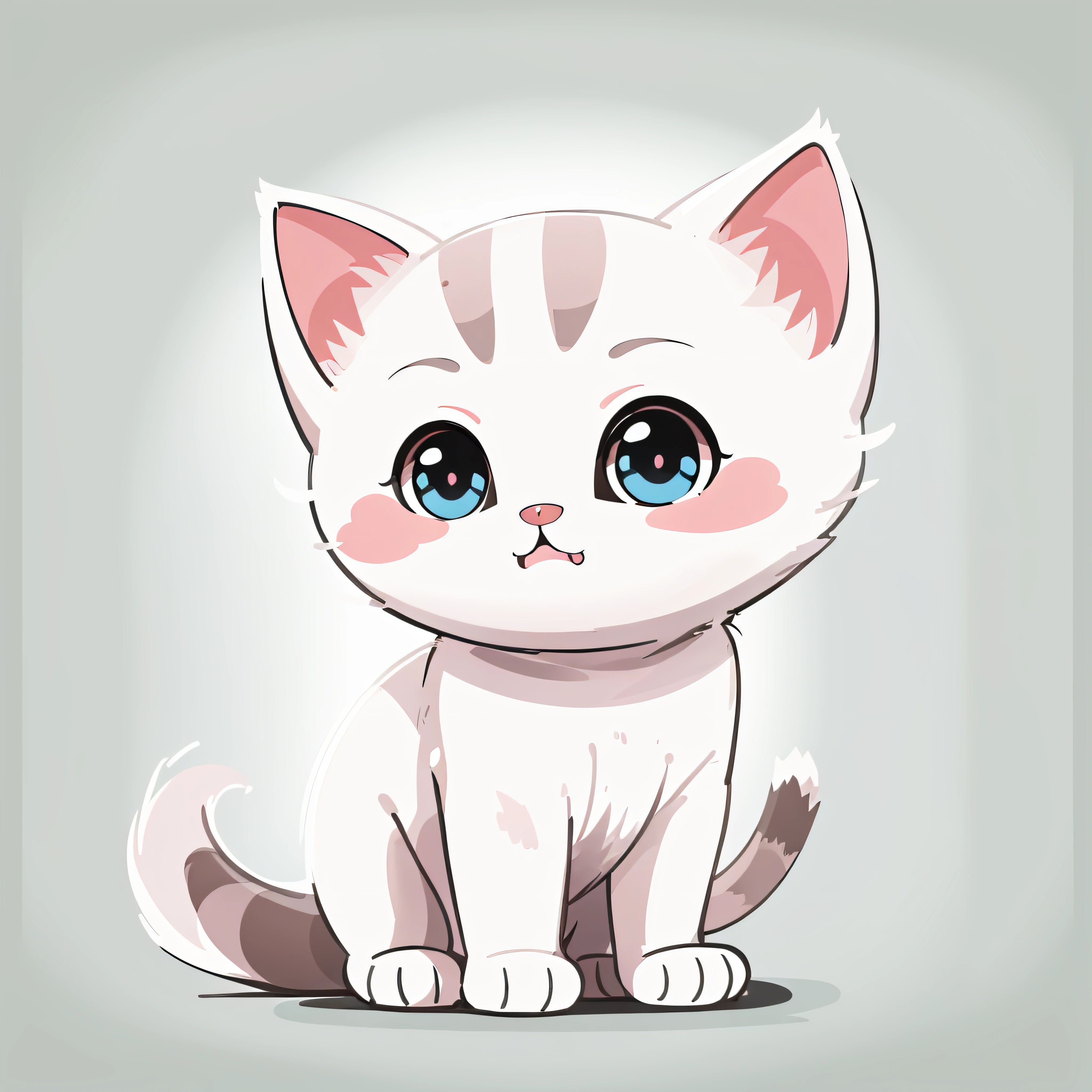 Adorable baby cat, immaculate white background.Cartoon Style, Flat Illustration Design.With soft lines and simple, rounded contours.The eyes are simple and large, possibly with dark pupils,and the mouth is represented by a simple curved line.Chibi size.Sweet and bright colors.Details are often simplified or omitted, emphasizing the cuteness of the overall form.