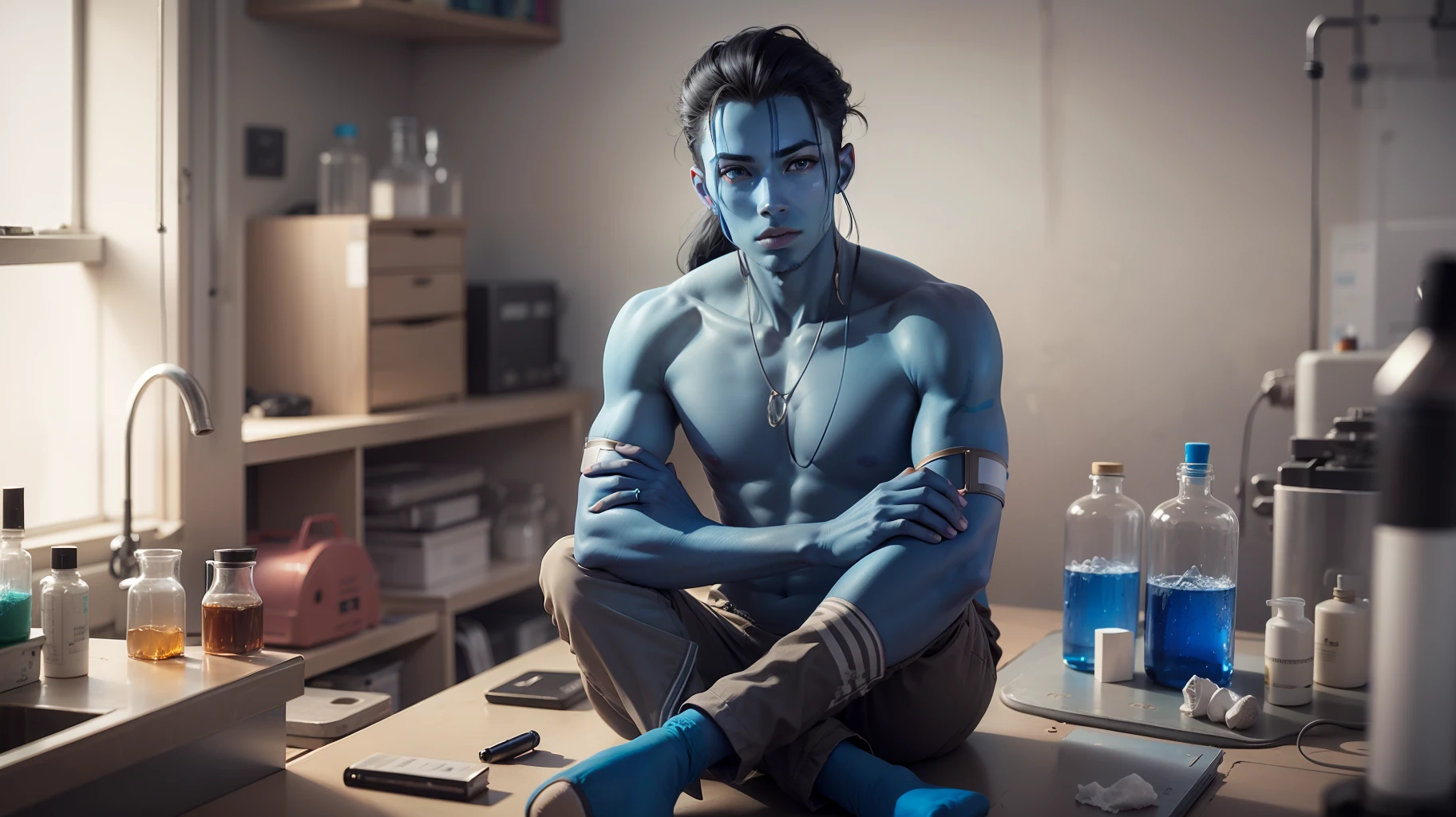 Blue skin human, sitting in a lab.