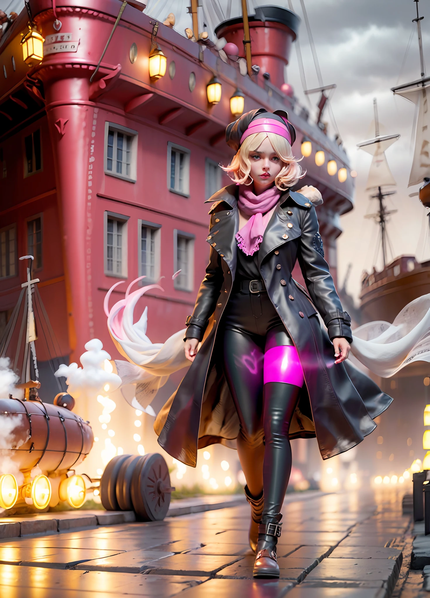 character, a skinny young lady wearing Vintage headbands and Trench coat, with dark hair, short hair, lighting details, anime-style with defined strokes, In the foreground is an 18th-century steamship(full view),dark background with pink lights, 8k, uhd, severe low lighting, high quality, sharp focus, fujifilm XT3