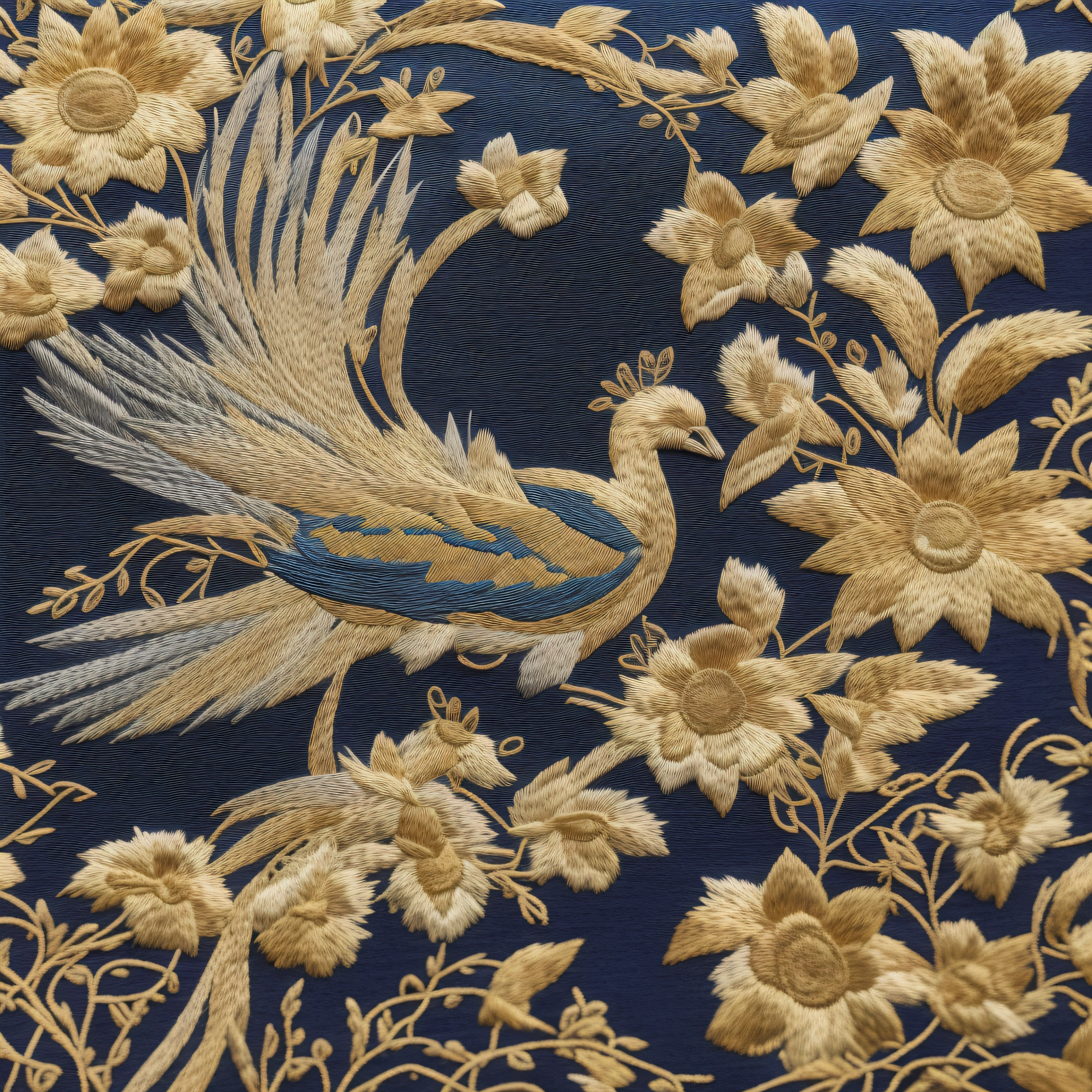quaint、Luxury Wallpapers、Dark blue fabric、golden embroidery、symmetry、bilaterally symmetrical、pronounced shades、超A high resolution、An ultra-high picture quality、Ultra-high-grade pattern、Embroidery with a slightly three-dimensional effect、Ultra-realistic texture、Super-class、Supranational、Super National Treasure、Feeling of dignity、religion、Clear embroidery、highest grade、Embroidery that draws everyone who sees it in、delicate、Craftsmanship、simple、a gorgeous、royalty、the royal palace、The card、dynasty、a bird