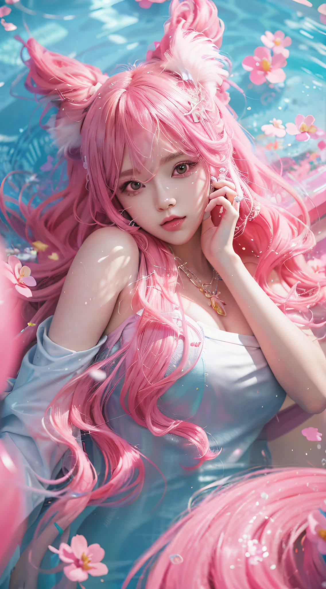 There was a woman with pink hair lying in the pool, Guviz-style artwork, Guviz, trending on cgstation, Flowing pink hair, Anime art wallpaper 4k, Anime art wallpaper 4 K, style of anime4 K, Anime art wallpaper 8 K, Detailed digital anime art, Anime fantasy illustration, 8K high quality detailed art