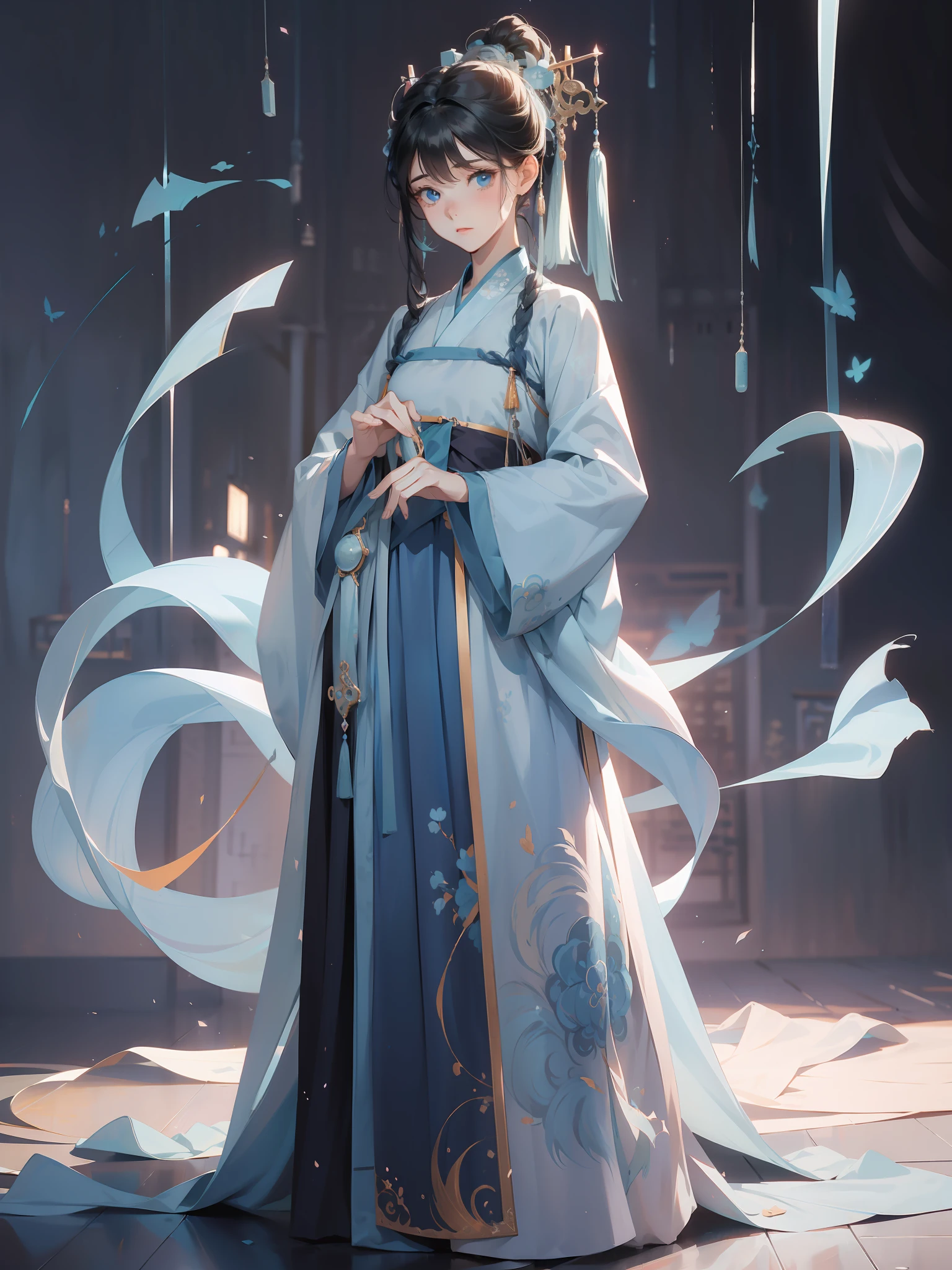 ultraclear,tmasterpiece,Standing drawings of characters,Whole body diagram,1girll,blue color eyes,expression sad,,Stand up,cabelos preto e longos,((Light blue hanfu)),Blank background,