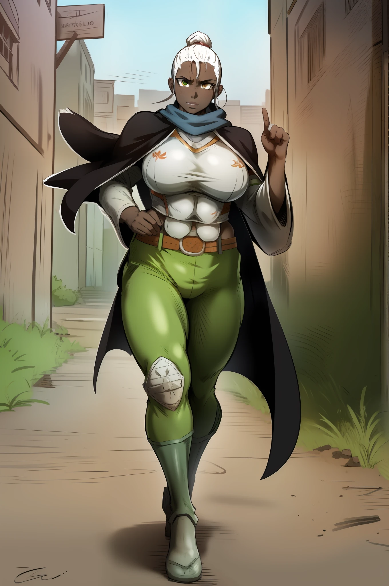 muscle girl,huge breats,personagem tem uma pele escura,, cabelo preto com um moicano branco, , The character is wearing green pants, imagem frontal de um personagem musculoso, protagonista de anime, personagem heroico e poderoso. wearing kimono,, walking, full body, medieval village, cape ,scarf, vest, alone, full body,wearing kimono smile, silver hair,smile, blush