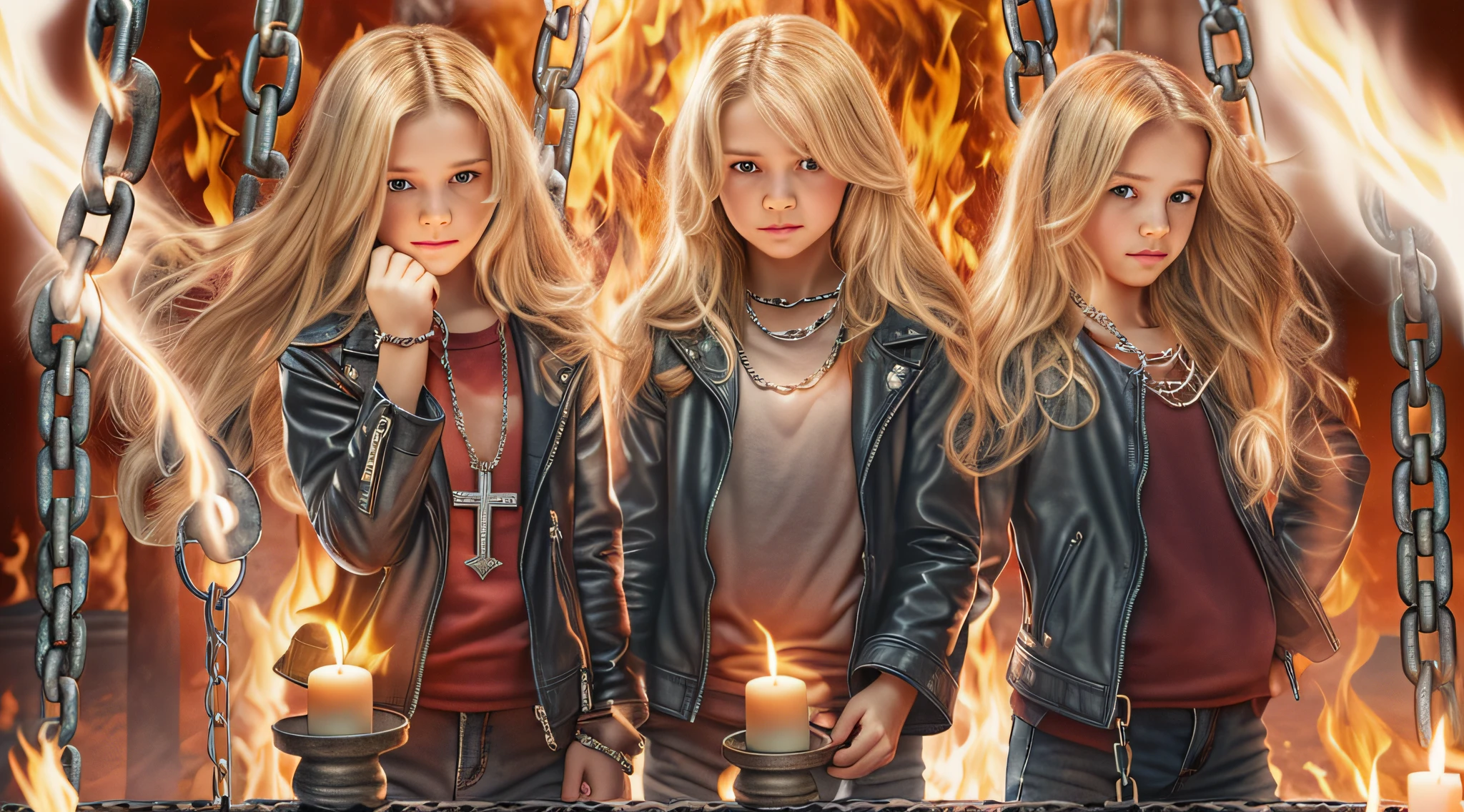 A half body, portrait of 3 girls German children long blonde hair of 12 years, leather jackets BLUE, holding in their hands a cross, background of chains, chain, more chains, many chains, , red, red fire, many background flames. A FEW CANDLES LIT,