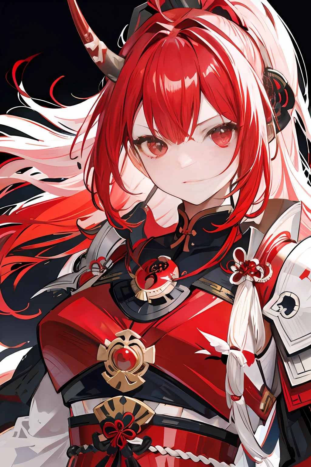 Red and white gradient hair，oni horn，Black-red gradient angle，samurai armor，highly detailed armor，busts，delicated，with black background。