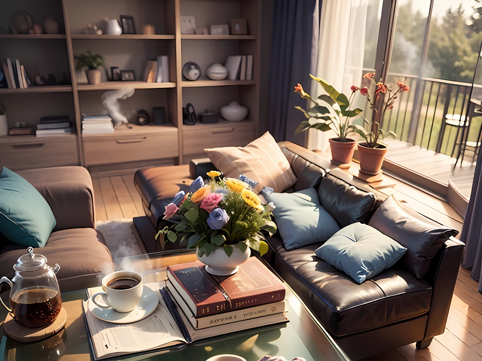Create an image of a neatly set coffee table with a steaming cup of coffee, an open book and a bouquet of fresh flowers. Avoid including any signs of animal life or living creatures in the scene --auto --s2