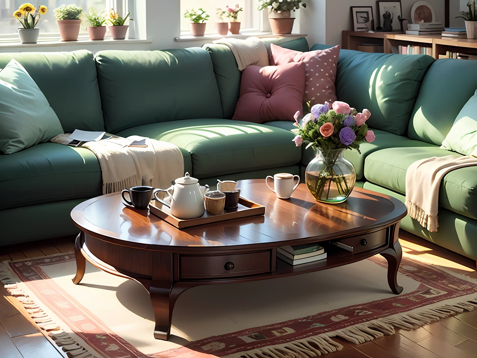 Create an image of a neatly set coffee table with a steaming cup of coffee, an open book and a bouquet of fresh flowers. Avoid including any signs of animal life or living creatures in the scene --auto --s2