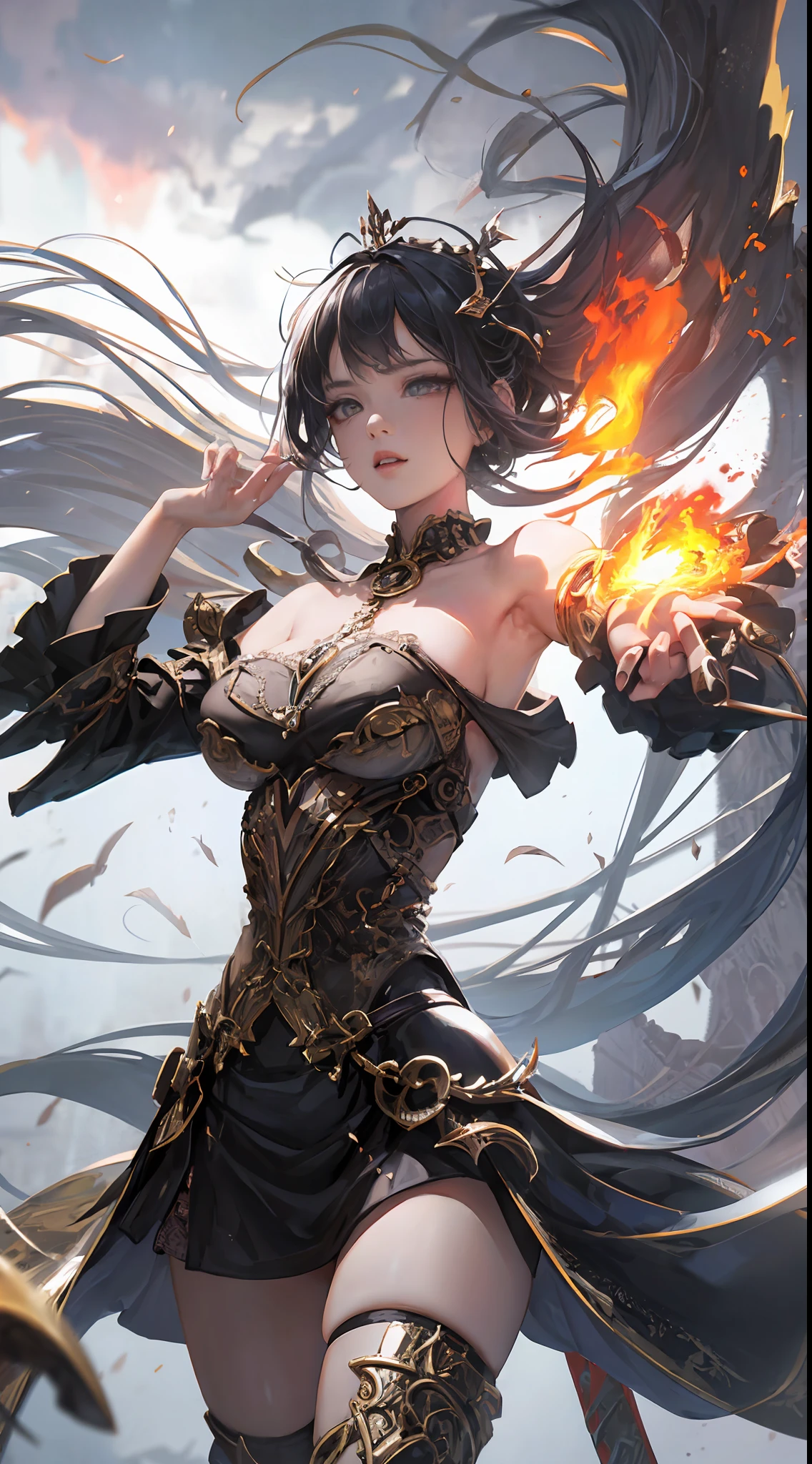 （（Super Best Quality））， （（Very Masterpiece））， （（super detailing：1.4））， （（3d ultrarealistic））， warrior girl， Mechanical body， Dynamic action poses in battle scenes， Armed with a huge broadsword，Off-the-shoulder fashion blends meticulous steampunk with sophisticated gothic Lolita， Complex steampunk headgear， very thin long legs， mechanical boots above the knee， Fluttering lace flared miniskirt， Nourish beauty，Fairly long vertically curly silver hair flutters in the wind，The bones are endless，The sword pierced the ground，Blood and fire are intertwined，very dark night backgrounds，Very dramatic and cinematic lighting。