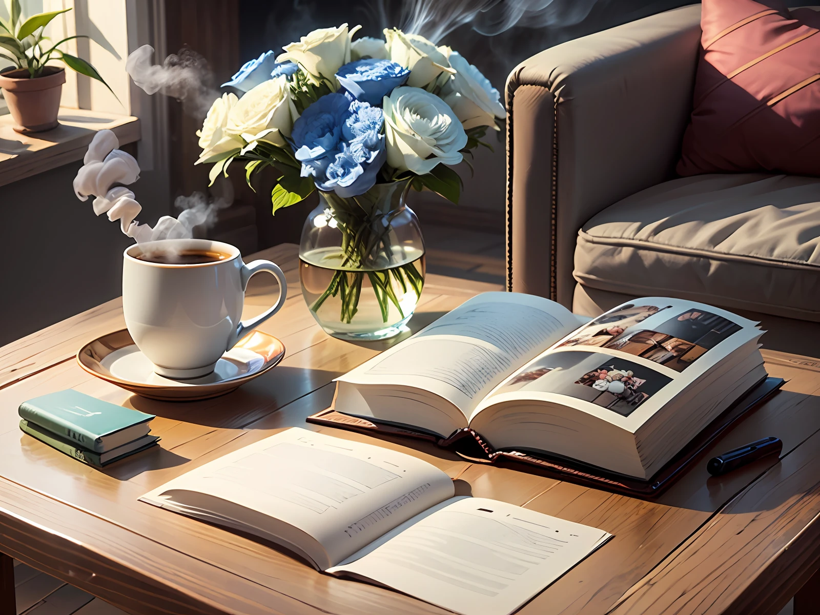Create an image of a neatly set coffee table with a steaming cup of coffee, an open book and a bouquet of fresh flowers. Avoid including any signs of animal life or living creatures in the scene --auto --s2