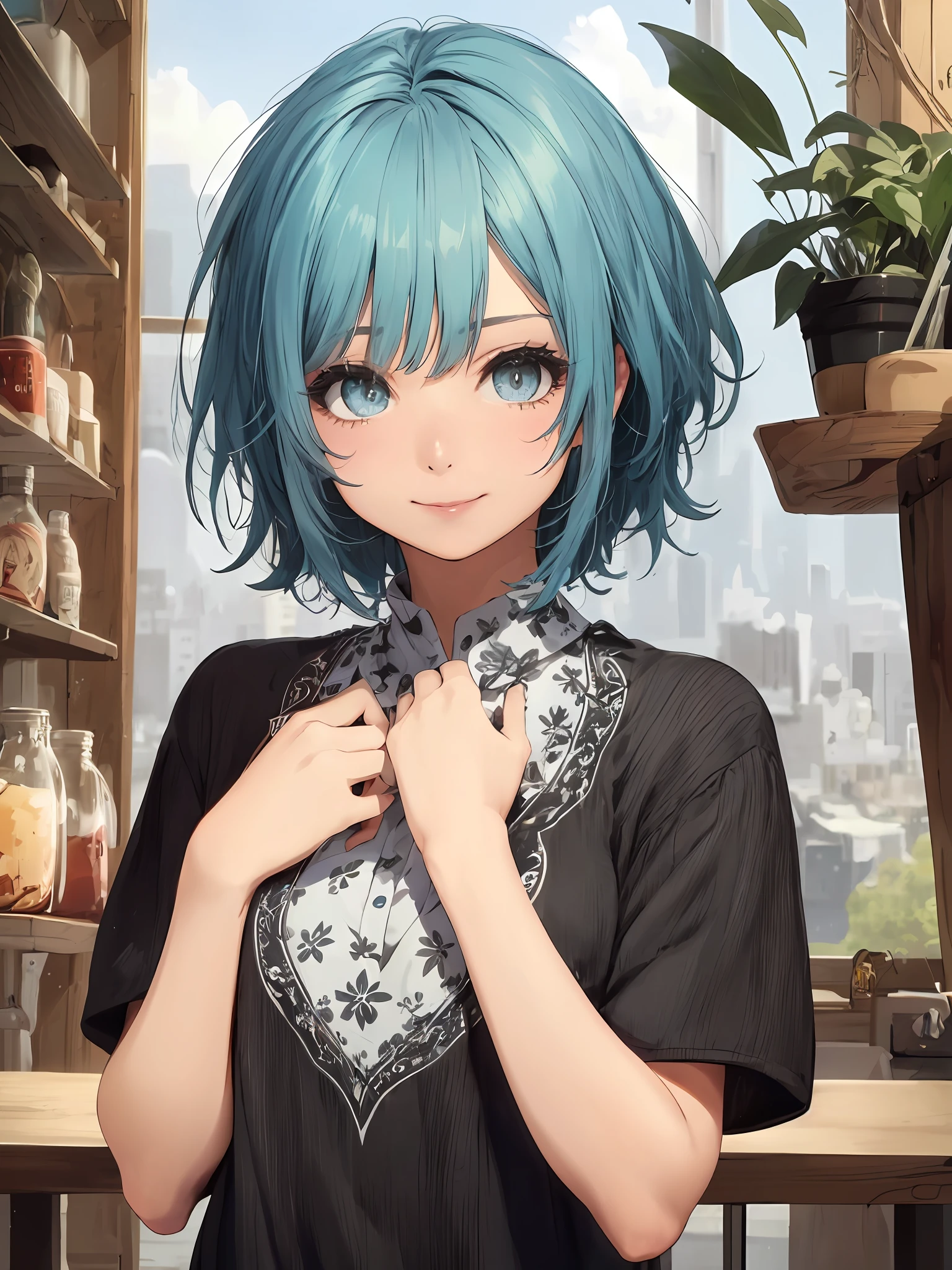 (64k uhd、nffsw、top-quality、masterpiece:1.2)、(realisitic、Photorealsitic:1.37)、ultra-detailliert、女の子 1 人、cute little、独奏、Beautiful detailed sky、Detailed Cafe、natta、date、(A smile:1.15)、(a closed mouth)small tits、Beautiful fine eyes、natta、Sateen、(short-hair:1.2)、Float NovaFrogStyle