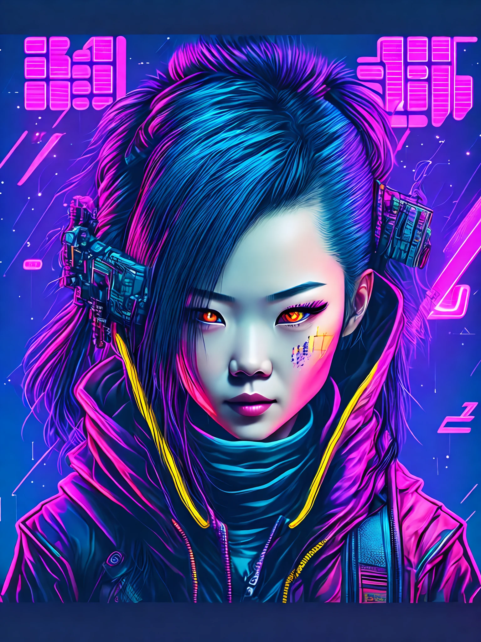 (Cyberpunk:1.4),ChineseGirl,(Caricature line art illustration:1.4), (Best quality:1.0), (超高分辨率:1.0), 8K, (Masterpiece:0.2), Ultra-detailed, 1girll, Pale skin, Detailed skin, view the viewer, pillow head, on top of the bed,