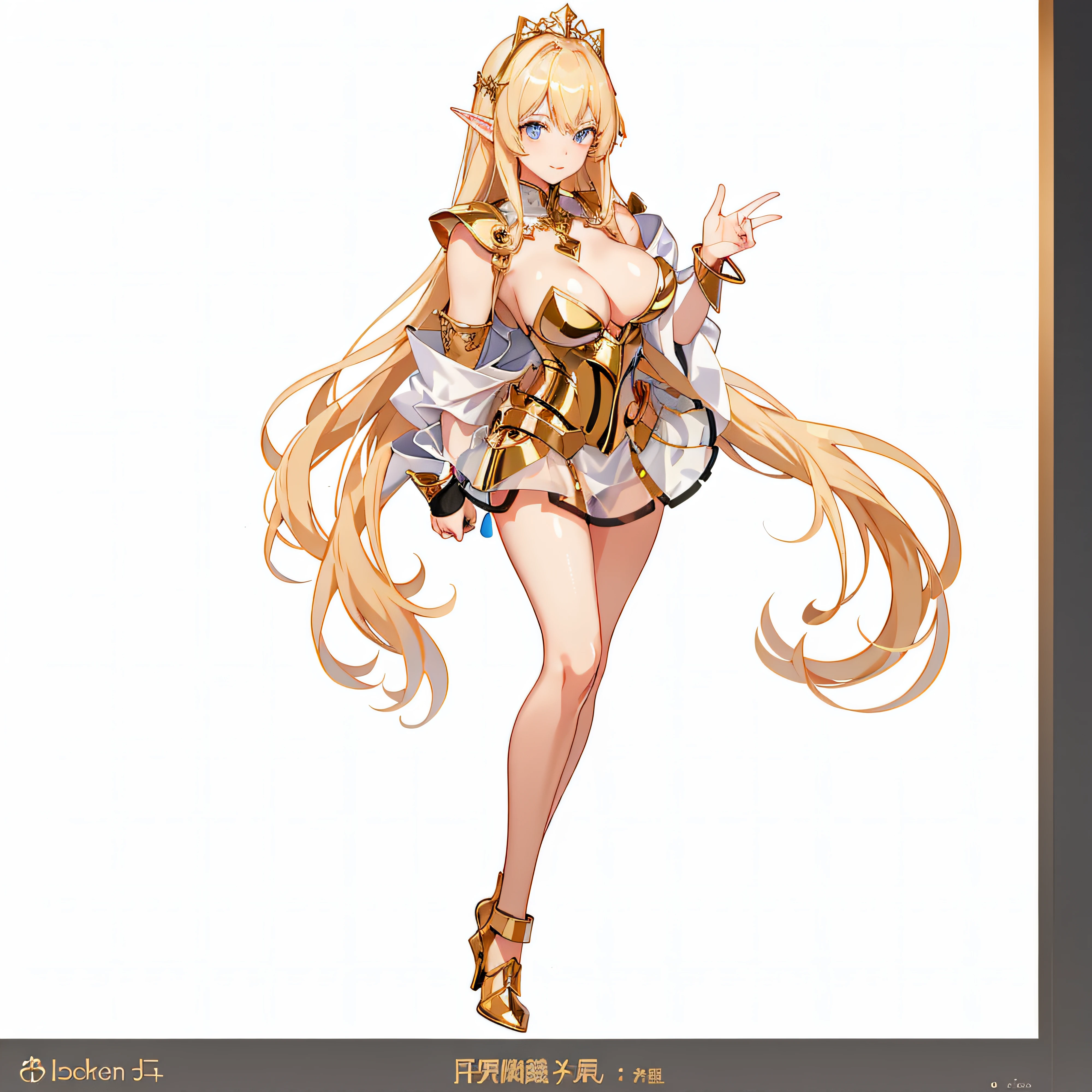 Black Panties、extremely transparent skirts、Full body like、A smile、Very slender、Anime girl with blonde hair and gold armor posing naked、anime girl with a very big breast and a very big breast、Elven Girl、anime goddess、Perfect Style、The fleshy feeling of whip、a blond、Blue eyes、alluring elf princess knight、Very open chest、oppai proportions、(Exposed seductive attractive cleavage:1.3)、Lower breast、You can almost see the areola、Wet sheer skirt、Ultra-thin skirt、Ecchi anime style、Glittering golden armor、Angel Smile、angelic golden armor、Glamorous bikini armor、Beautiful fingers、Gold hair ornament、Gold bangles、Gold ankles、Gold Long Boots、Girl in armor、Sexy body、Emphasizes cleavage、Black panties