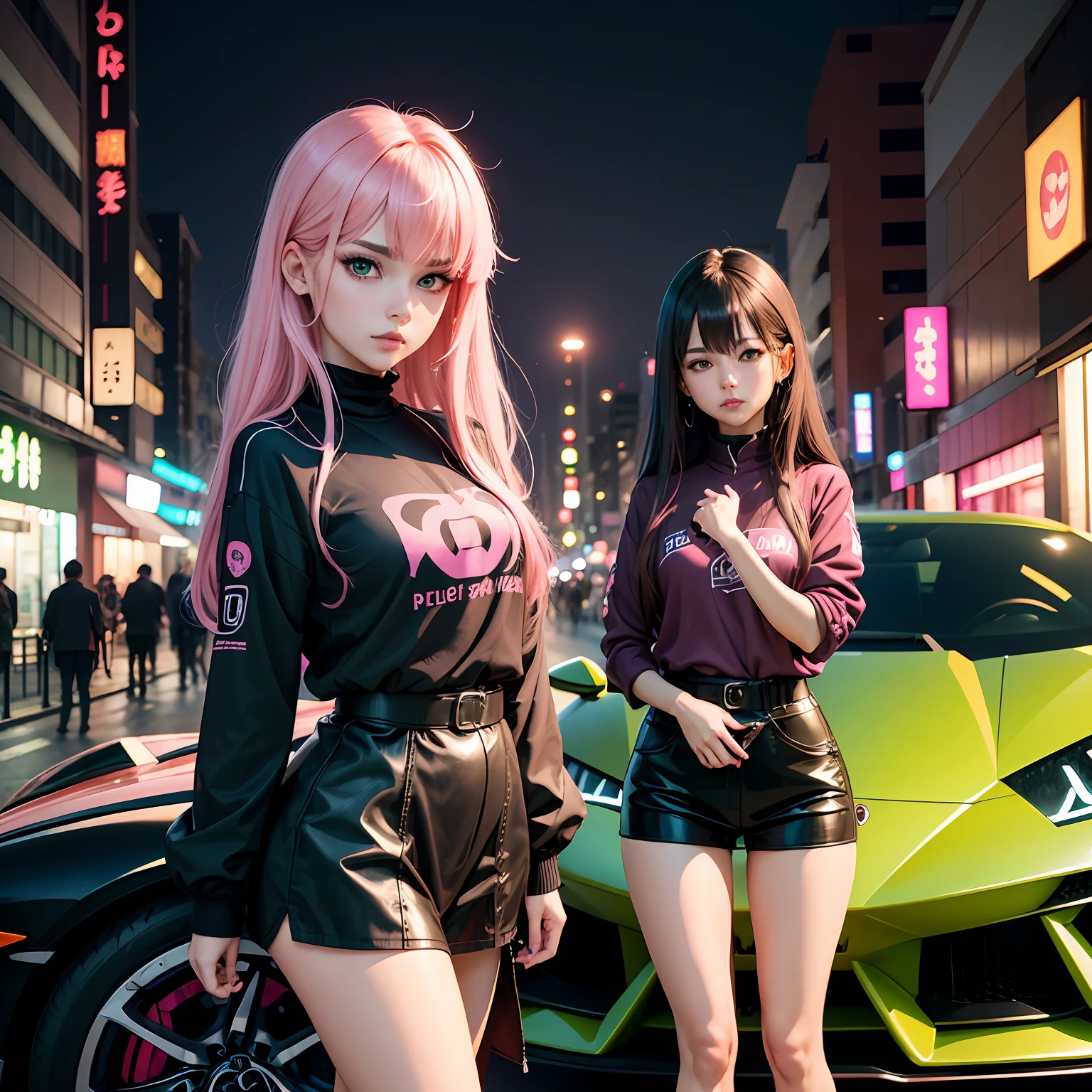 Black Pink ,Girl blouse Regatta with pink hair green eyes and a green , in the background Japanese city at night,next to a Lamborghini --auto