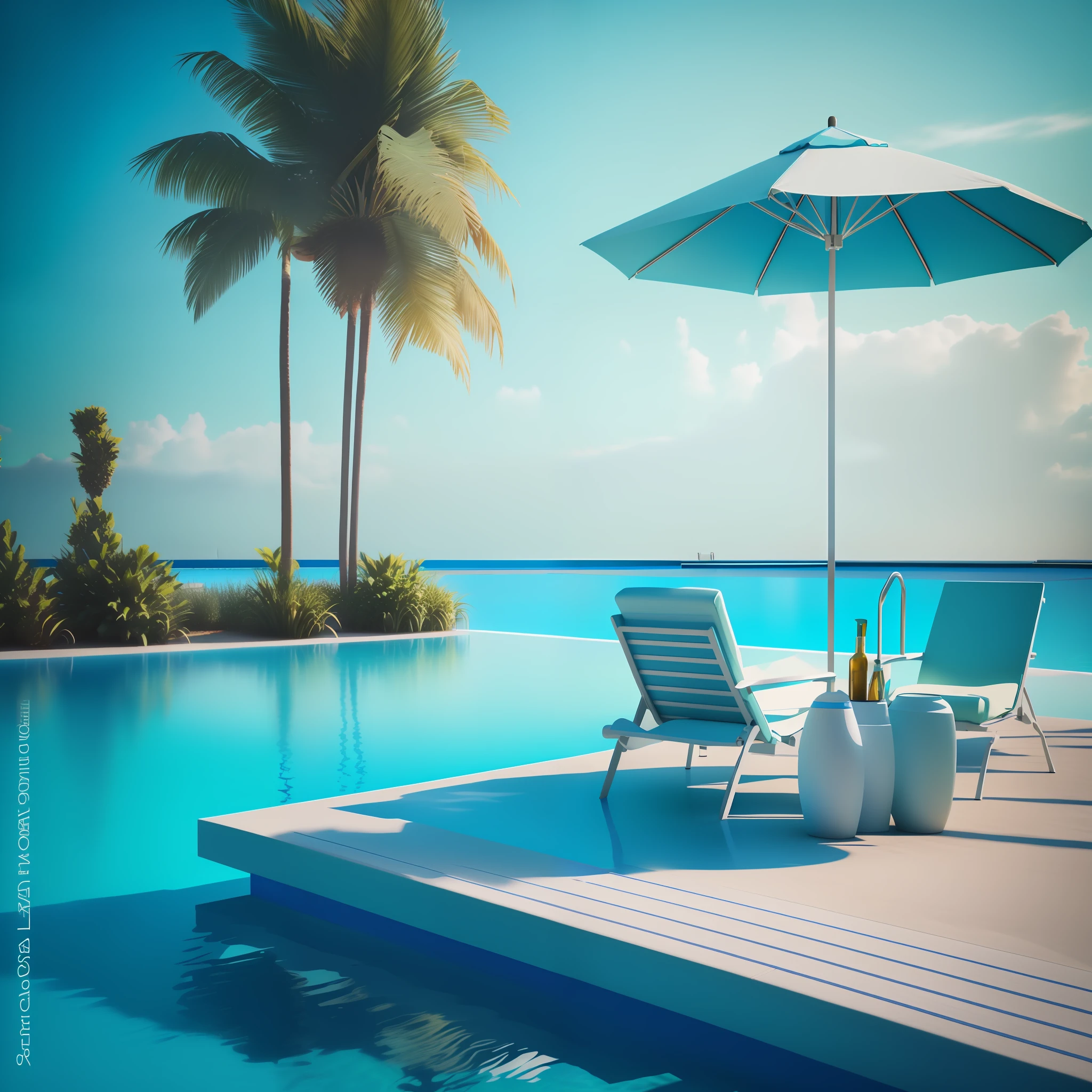 There is a swimming pool with two chairs and an umbrella next to the water, ao lado de uma piscina tropical, azul realista 3 d render, high quality 3d render, high quality 3d render, paradise in the background, a photorealistic rendering, piscina tropical, Beautiful 3D rendering, beautiful render of a landscape, high definition 3 d render, 3 d render fotorrealista --auto