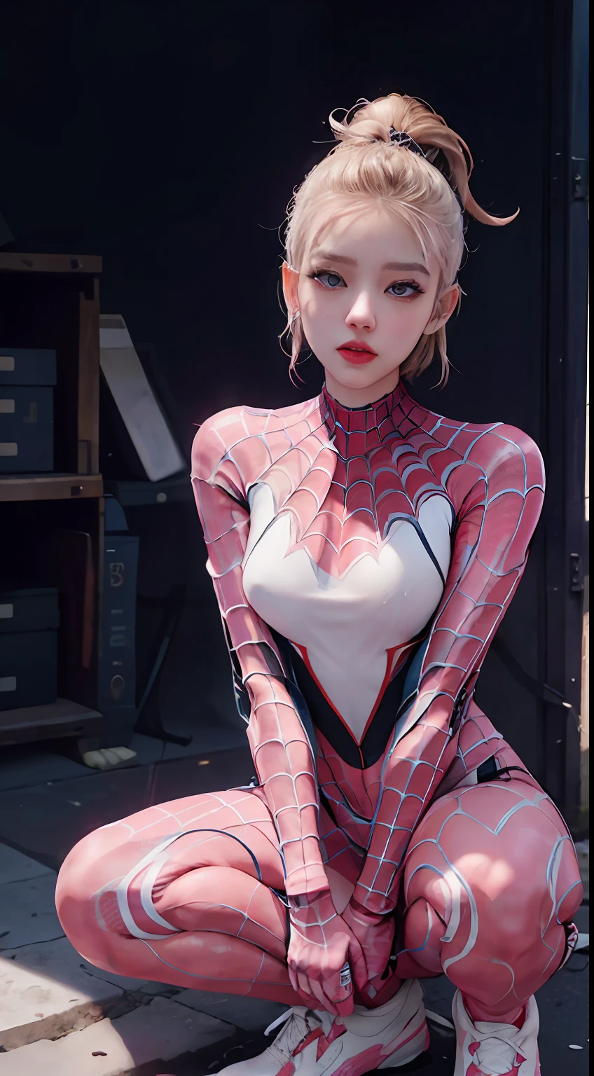 Full body photo,Sit on the groundd,25 years old spider girl,gwyn,Female Spider-Man,Wenger Spider-Man costume outfit,((White pink clothing)),24mm,4K textures,low-light,hdr,复杂,with short golden hair,highly details,(side of head shaved:1.3),Sharp focus,insanely details,Complicated details,Hyper-detailing,