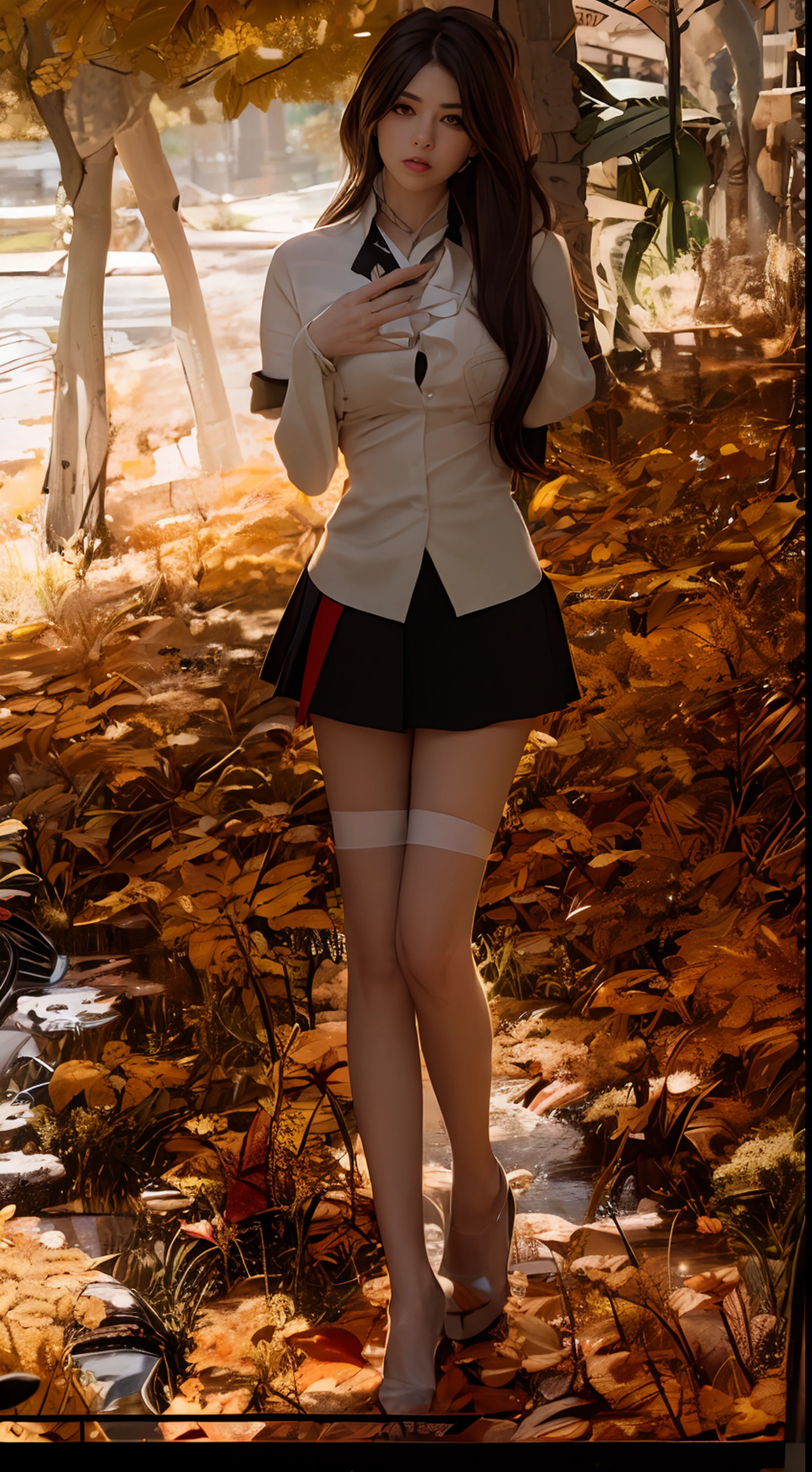 Ultra-realistic 8K CG，Flawless face，flawless perfection，Ren，tmasterpiece，professionalartwork，famousartwork，face perfect，Beautiful face，Beautiful eyes，（（Perfect female body）），gigantic cleavage breasts，独奏，，（Be red in the face：0.5） ,seductiveexpression,extremely detailed eye,Beautiful and detailed background,depth of fields,realisticlying:1.3,(ambient lights:1.3),(cinematic compositions:1.3),(neonlight:0.1),(hdr:0.1),emphasis lighting,a narrow waist，lacepantyhose，with an open crotch，standing on your feet，JK skirt