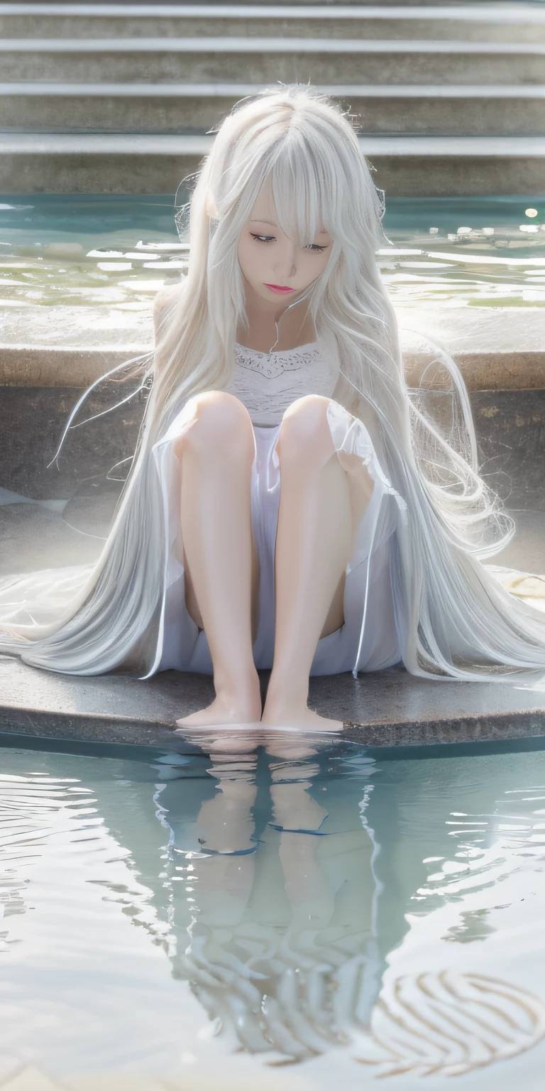 an extremely delicate and beautiful girl, silver hair, yellow eyes,perfect limbs, bright eyes, perfect hands, full body, very delicate light, ultra thin clothes, see through white clothes, Nordic, no makeup, natural, teenage, from below,sitting in the water fountain