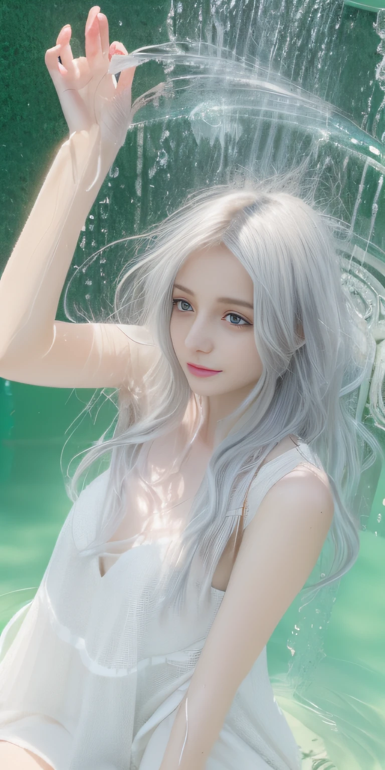 an extremely delicate and beautiful girl, silver hair, yellow eyes,perfect limbs, bright eyes, perfect hands, full body, very delicate light, ultra thin clothes, see through white clothes, Nordic, no makeup, natural, age, from below,sitting in the water fountain