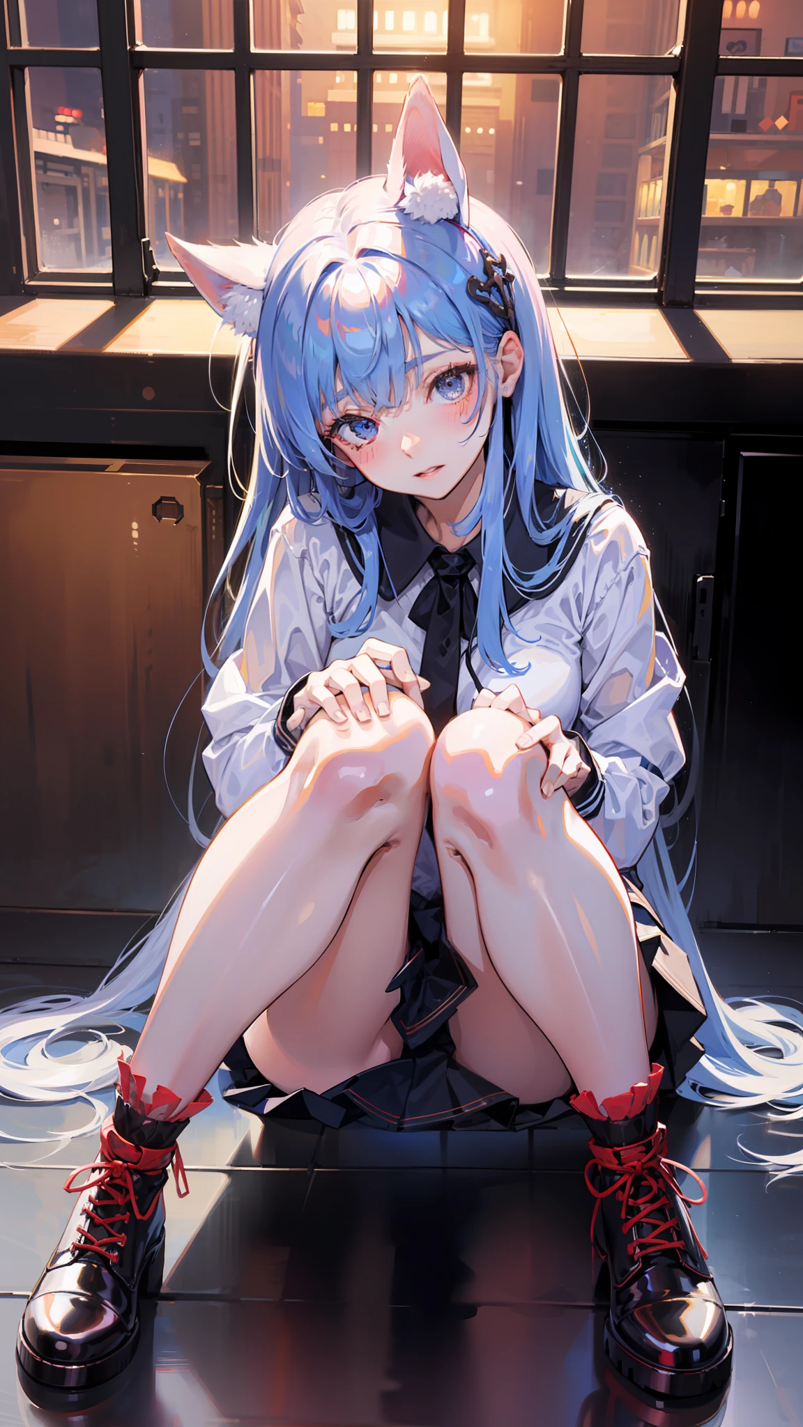hight resolution、Hi-Res、masterpiece、Cute girl in mini skirt sitting on the ground with her knees upright、Look upwards while blushing