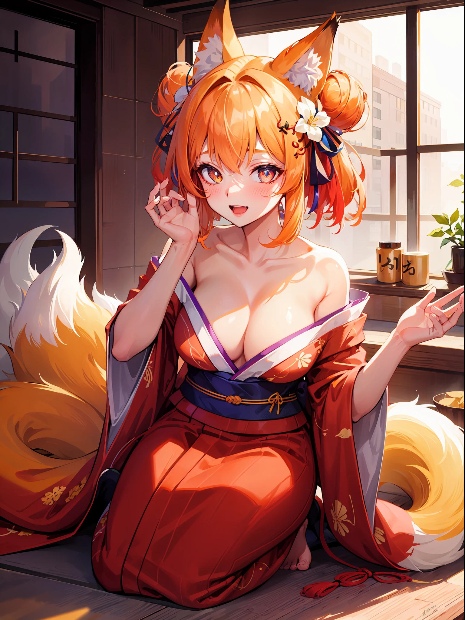 1girl, foxgirl, monstergirl, fullbody, fox tail, (nine tails), kitsune, hair bun, hairpin, hair flower, multicolored eyes, mismatched pupils, mismatched sclera, dilated pupils, long_eyelashes, animal ears, fox ears, smile, shy, drunk, expressions, lowered yukata, grey-ginger hair, accurate, tsundere, masterpiece, high details, high quality, highres, 1080P, anatomically correct, textured skin, ahegao
