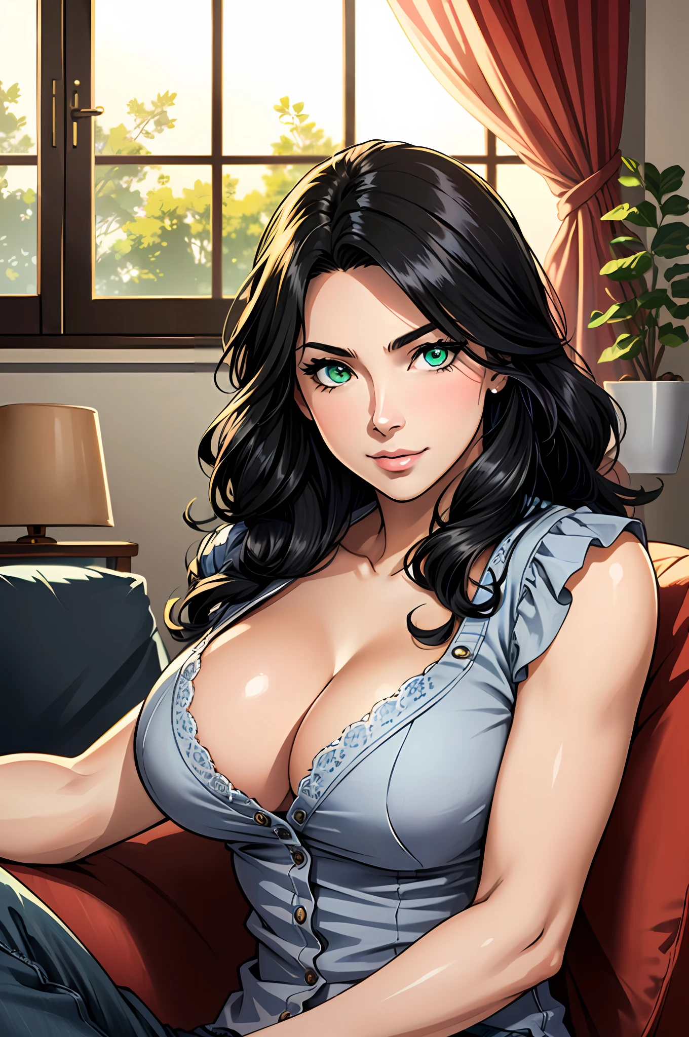 ((((A young woman))), the anime, Green eyes, (black hair), Nice face, ssmile, the perfect body, Wavy Hair, hairlong, (((morena))), big breastes, ((tmasterpiece, beste-Qualit)), illustartion, ультра детализированная 8k, Photorealistic, sharp-focus, higly detailed, Professional lighting, colorful details, Rainbow colors, Glowing, intricate detials, Vivid details, casual wear, Kemi, cozy living room