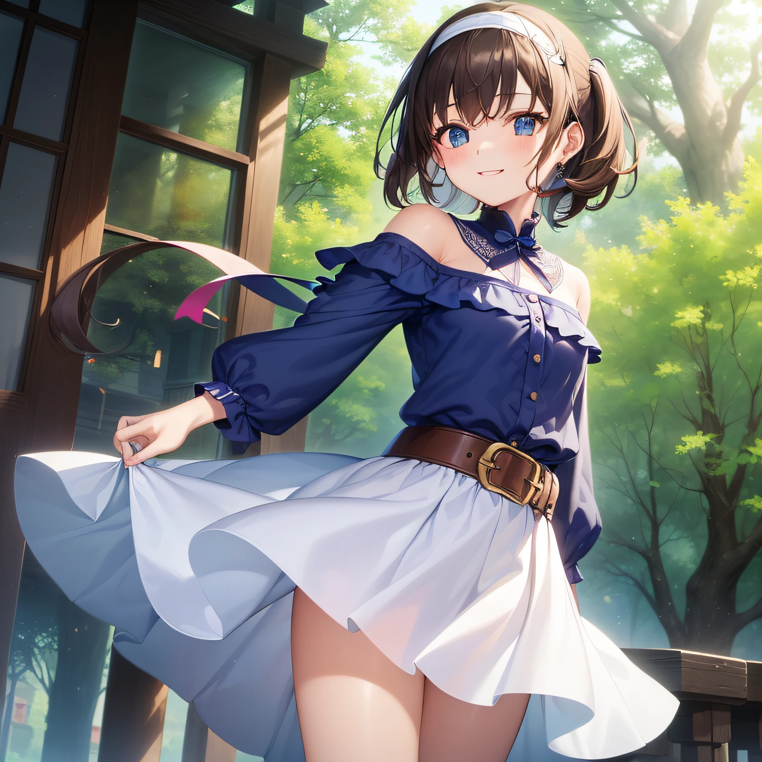 top-quality、extremely delicate and beautiful、Teen Girls、small tits、((((Solo Girl))))、11years old girl、(dark brown hair)、Blue clothes with vertical buttons、Belt at waist、White skirt、(((poneyTail)))、(white hairband)、(Brown boots)、blue eyess、is standing、A smile、